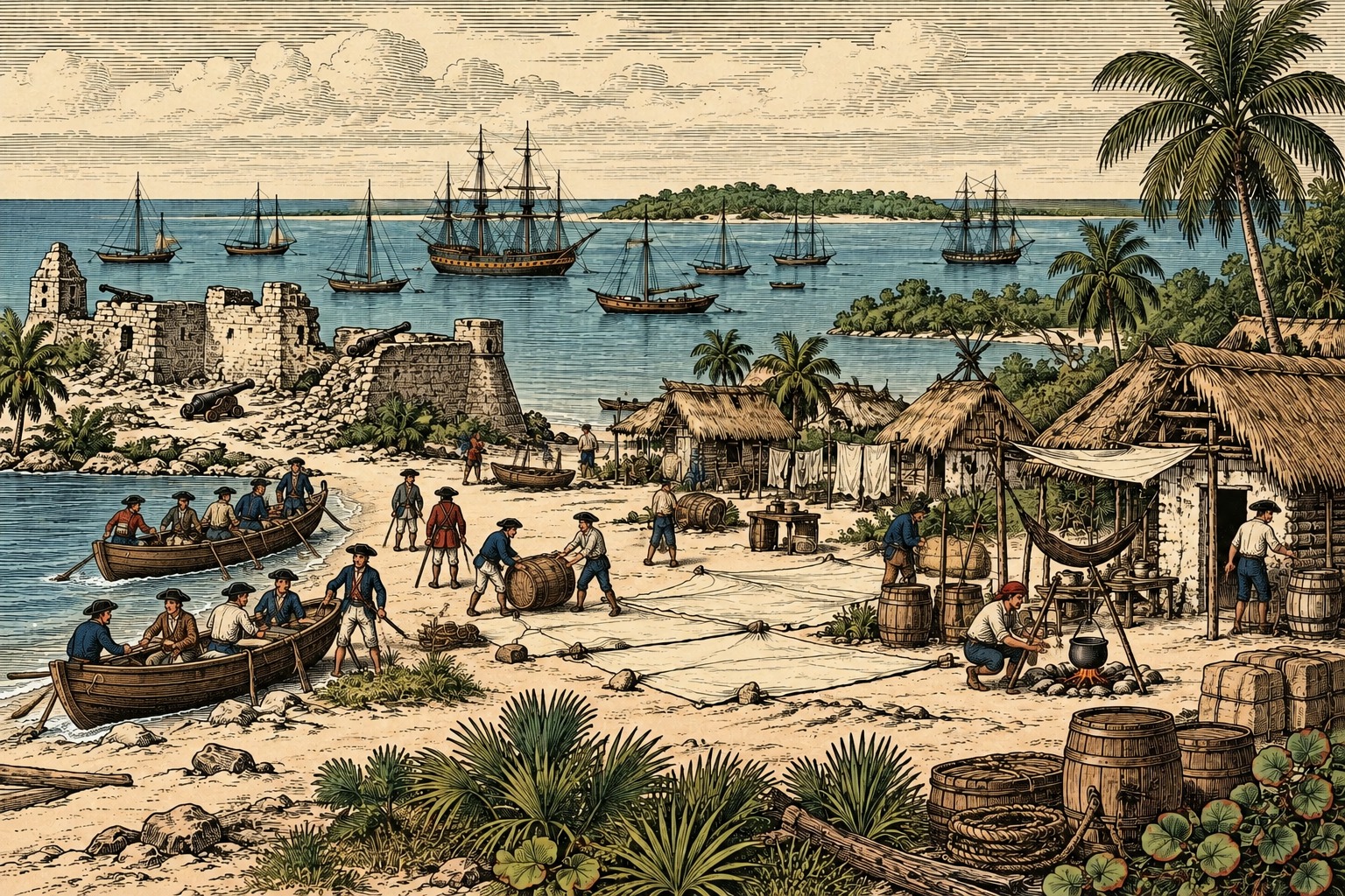 A Royal Navy warship at anchor off Nassau, boats landing men on the beach