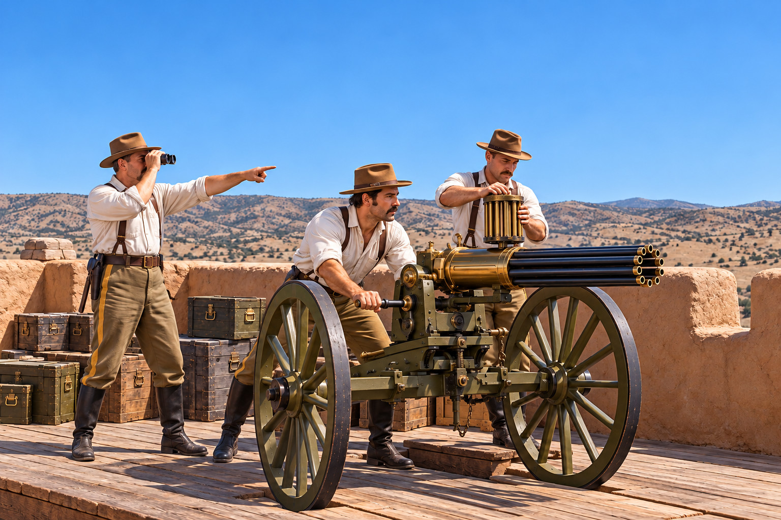 A Gatling gun crew on a fort wall