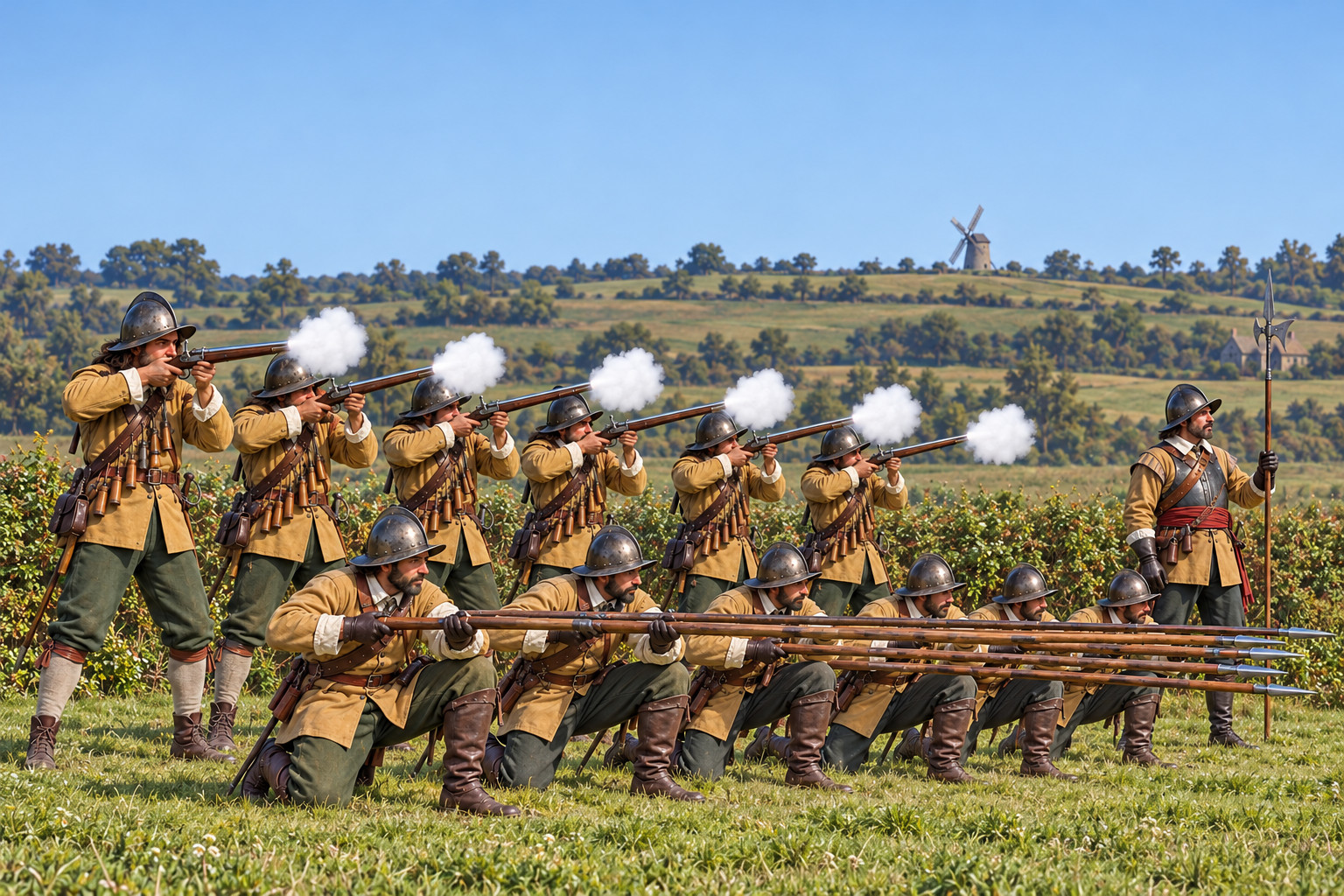A matchlock line firing from behind pikes