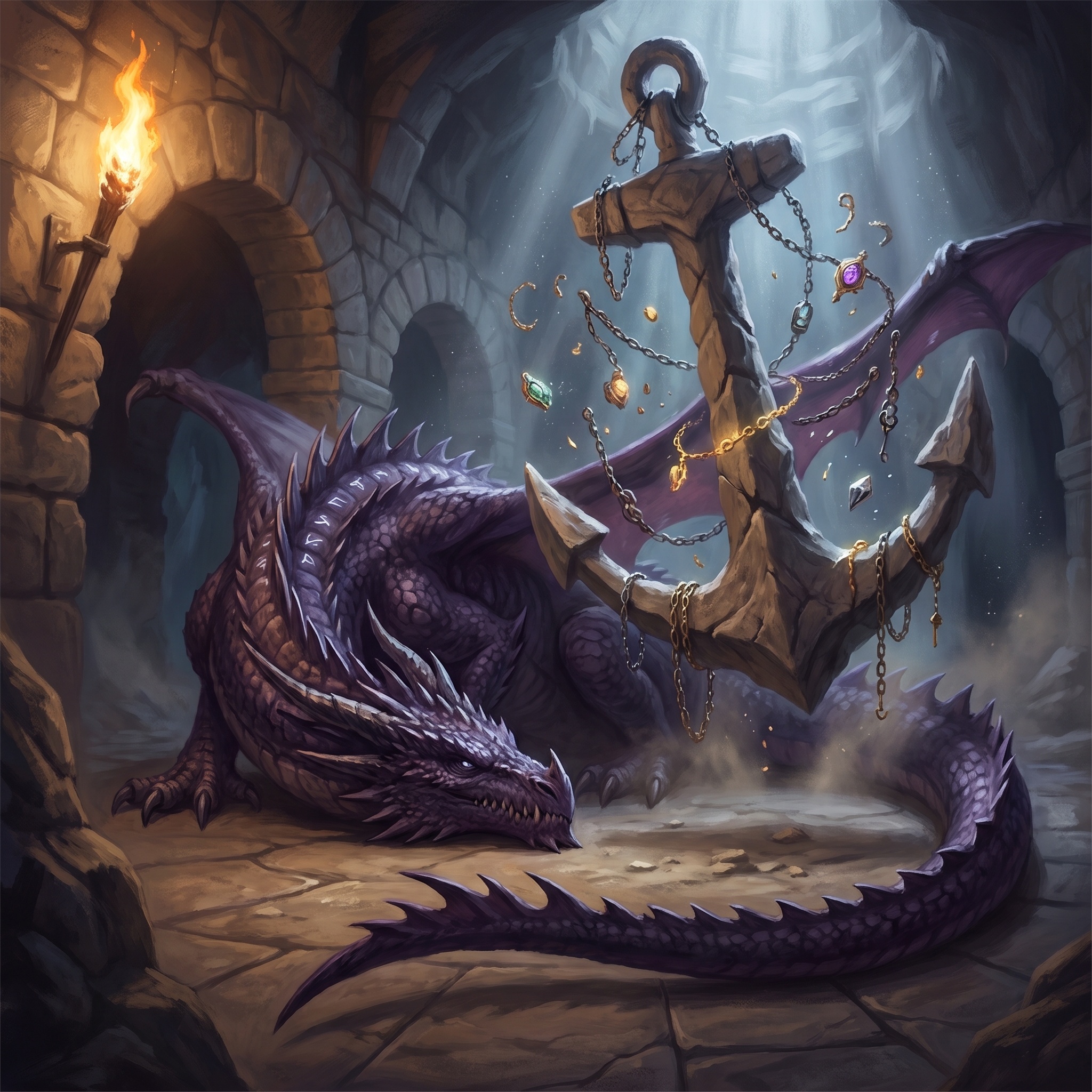 Anchor Dragon in a highland lair, dark purple scales absorbing light, with an orbital hoard suspended above compacted ground.