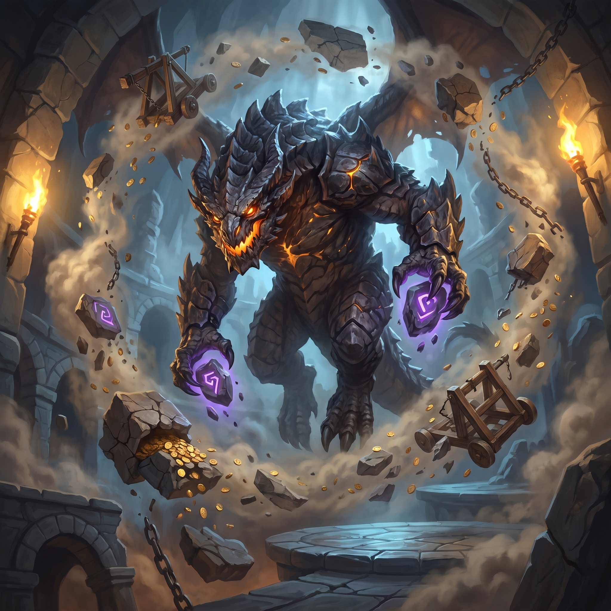 A massive plated dragon-kin creature floating among stones, coins, and broken siege engines held in slow orbit.