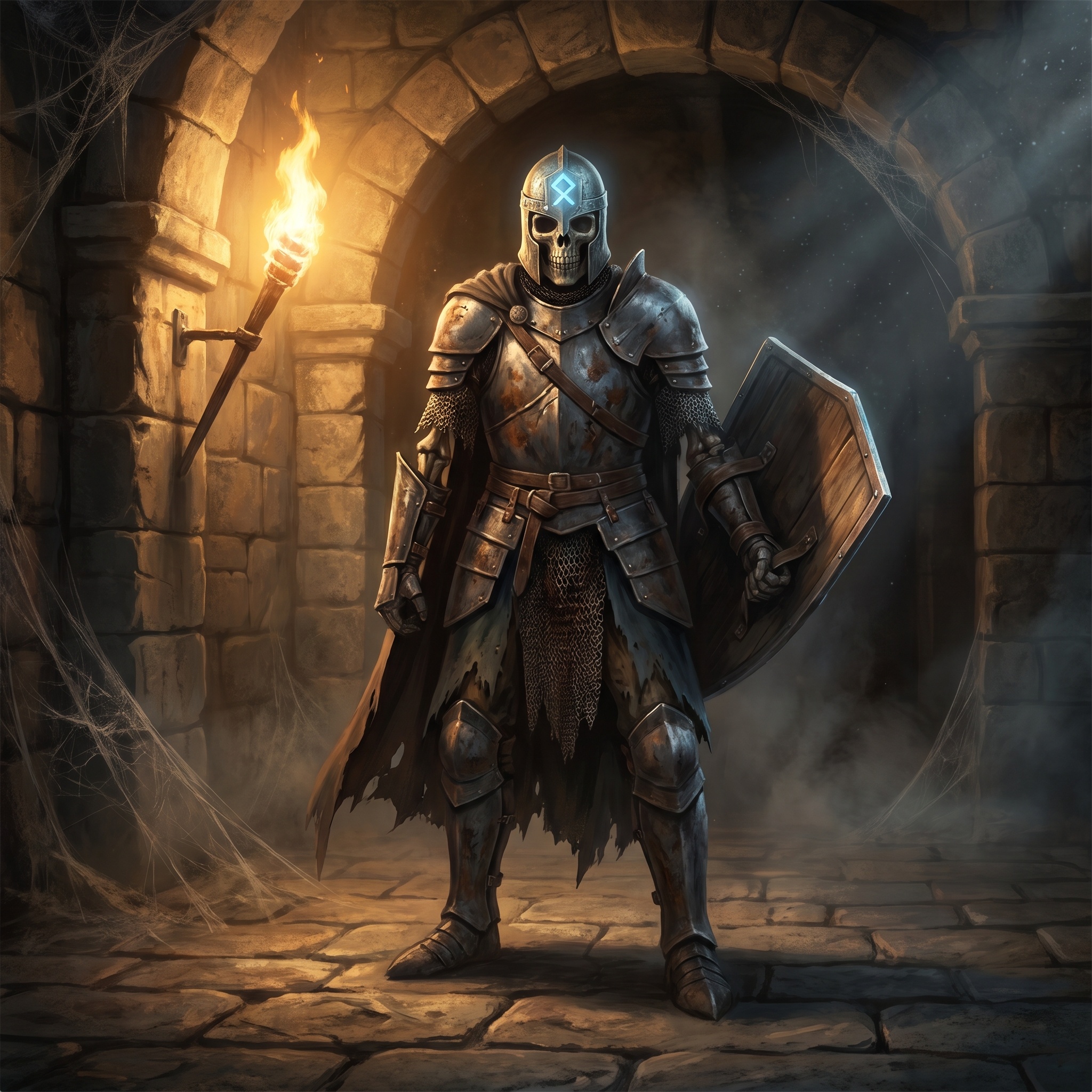 An armored skeletal soldier with shield fused to forearm and old command sigil glowing on helm.
