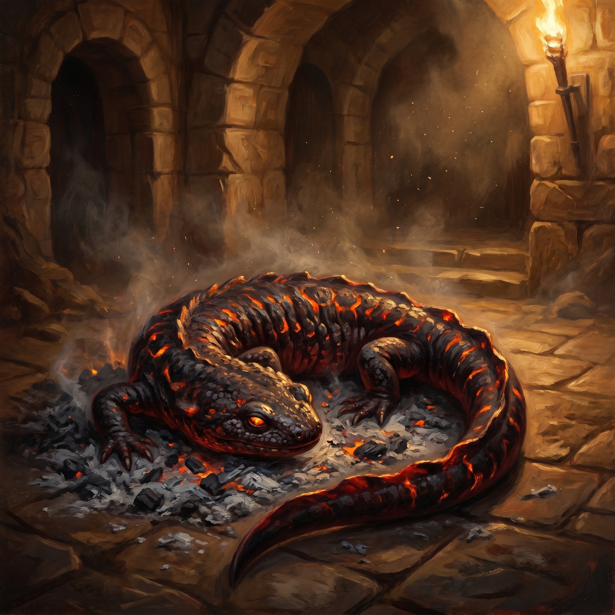 A black-red salamander basking in hot ash, ember spots glowing beneath skin.