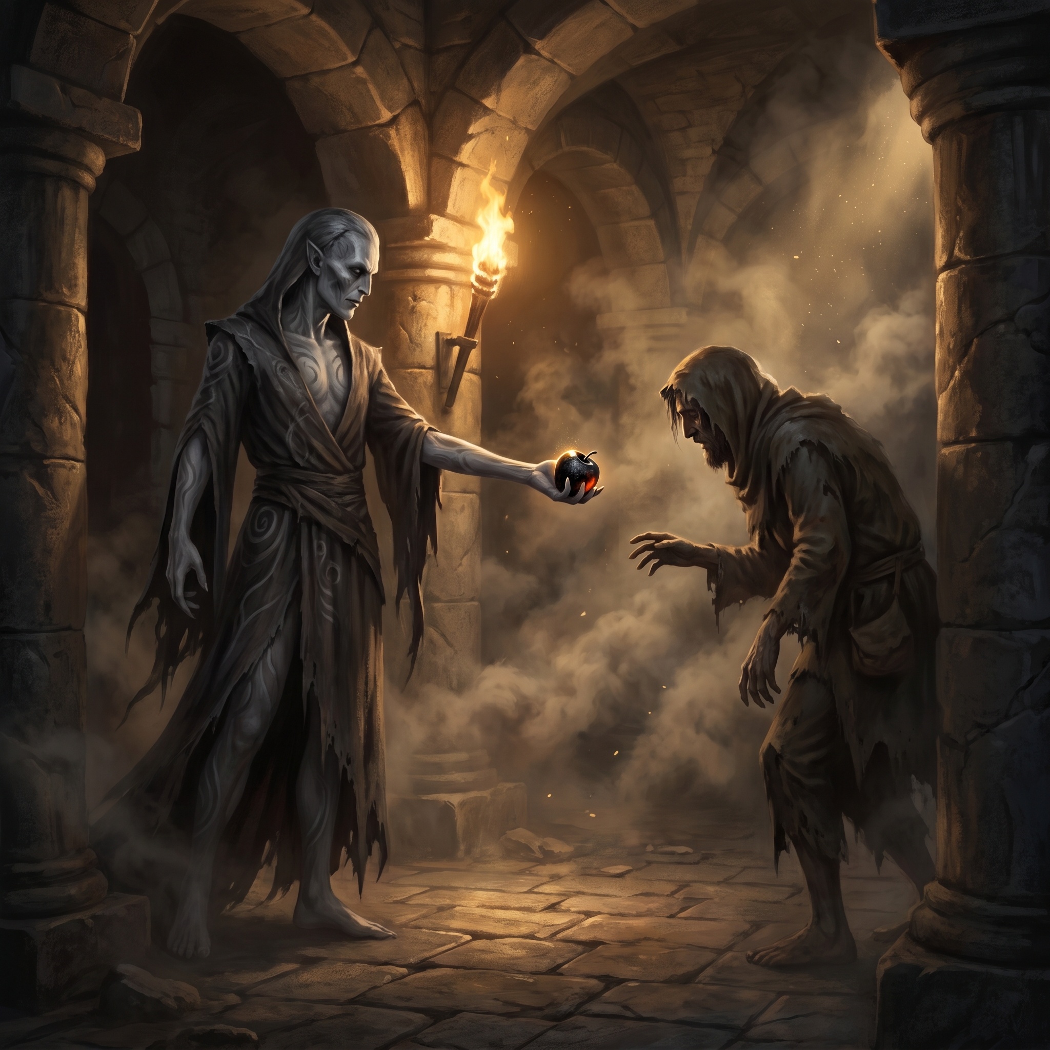 A graceful ash-skinned fiend offering a coal-bright fruit to a starving traveler.