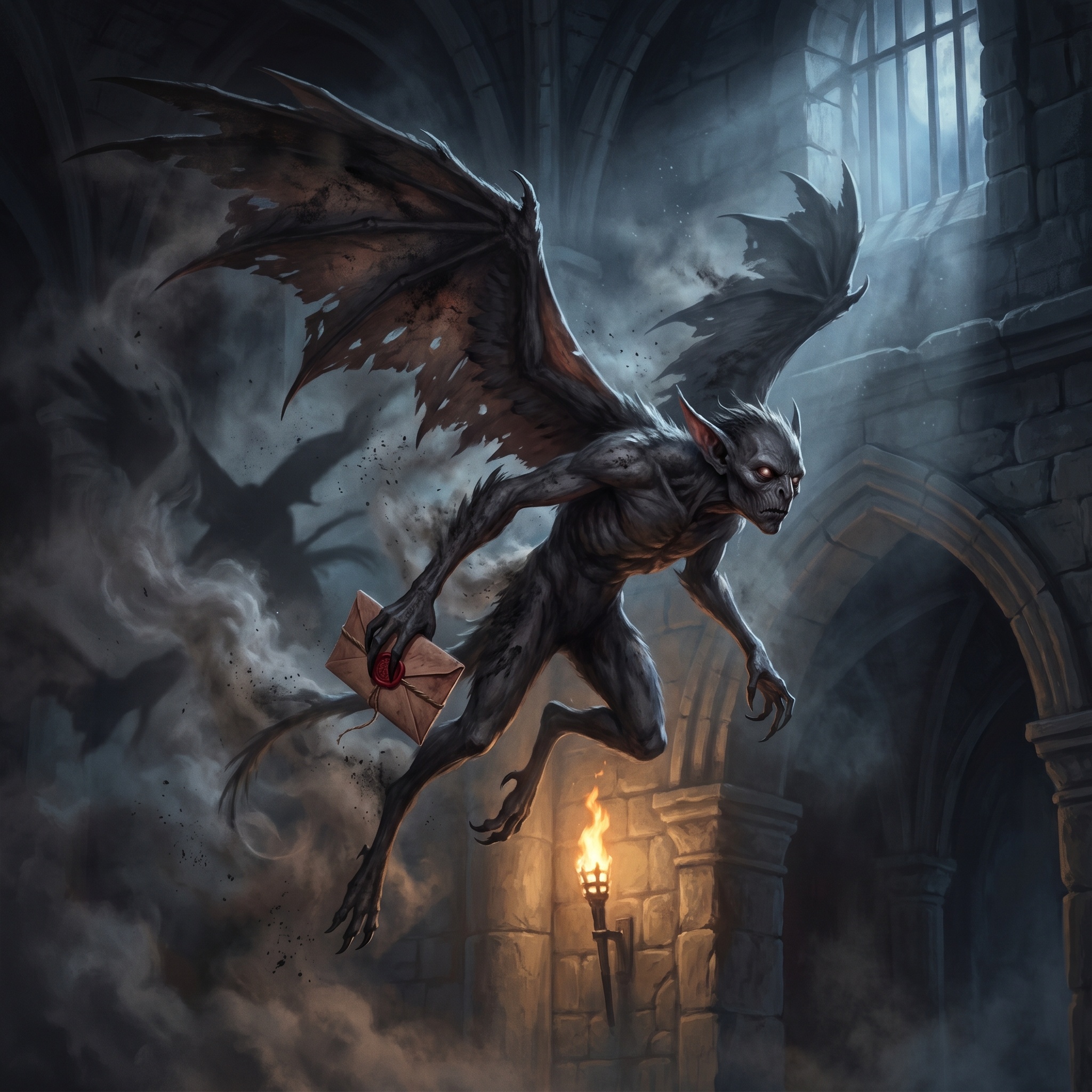 A lean winged imp-like courier shedding ash as it carries a sealed red letter through night sky.