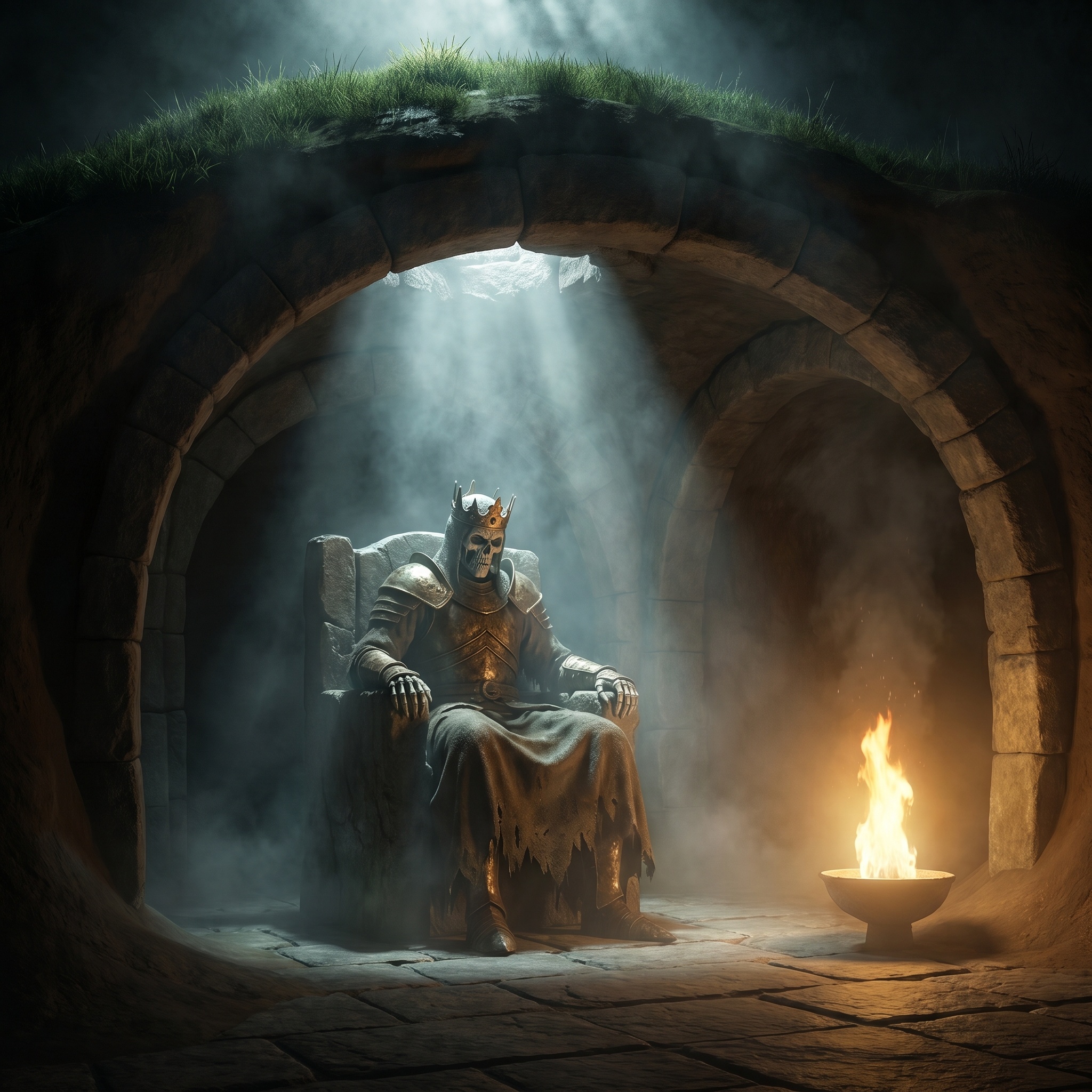An ancient crowned dead ruler seated on a stone chair under a grass-covered mound.