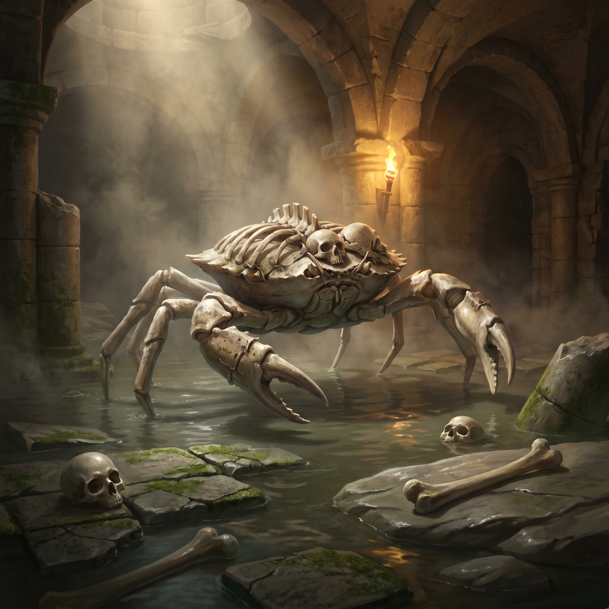 A pale crablike scavenger using bones as shell plating in a flooded catacomb.