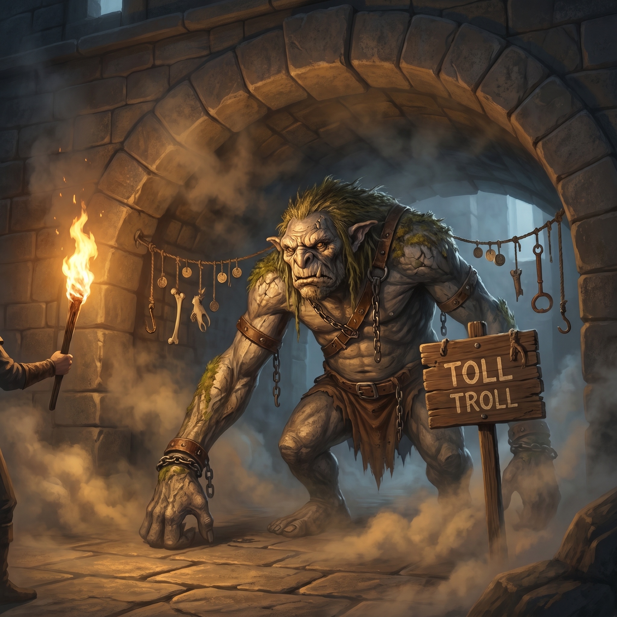 A long-armed troll crouched beneath a mossy stone bridge, toll ropes strung with bones and coins.