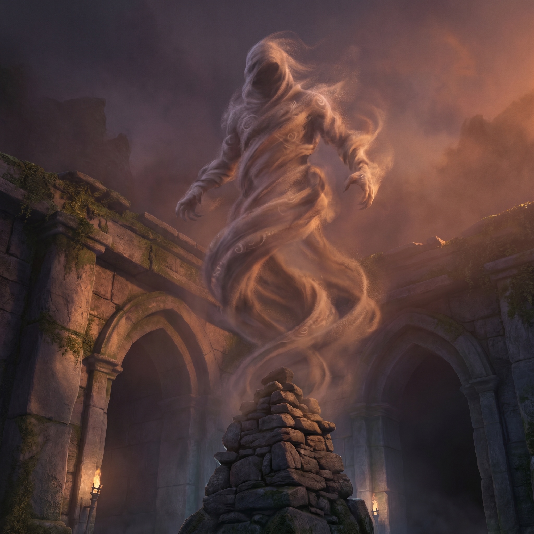 A translucent figure of wind and grave dust hovering above a stone cairn at dusk.