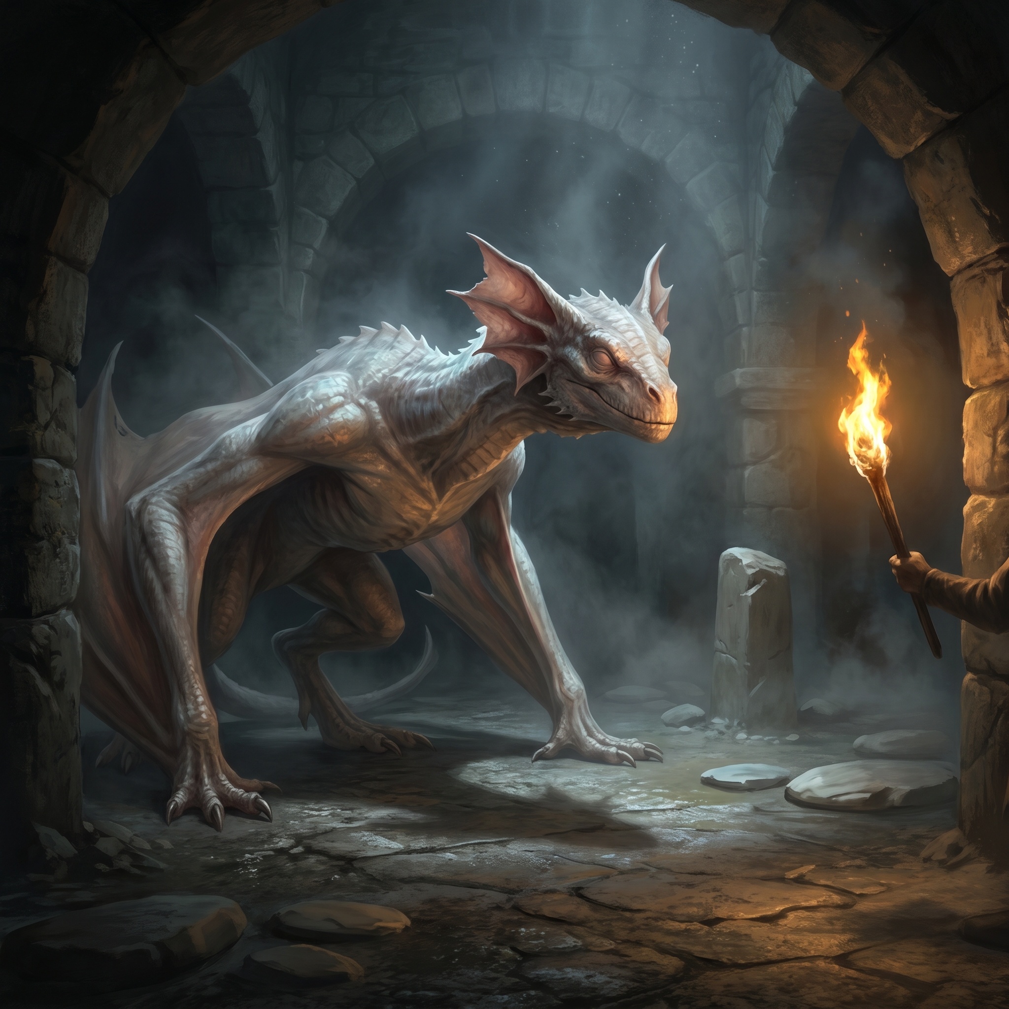 A blind pale drake in a limestone cavern, sensing torch heat with frilled ears.
