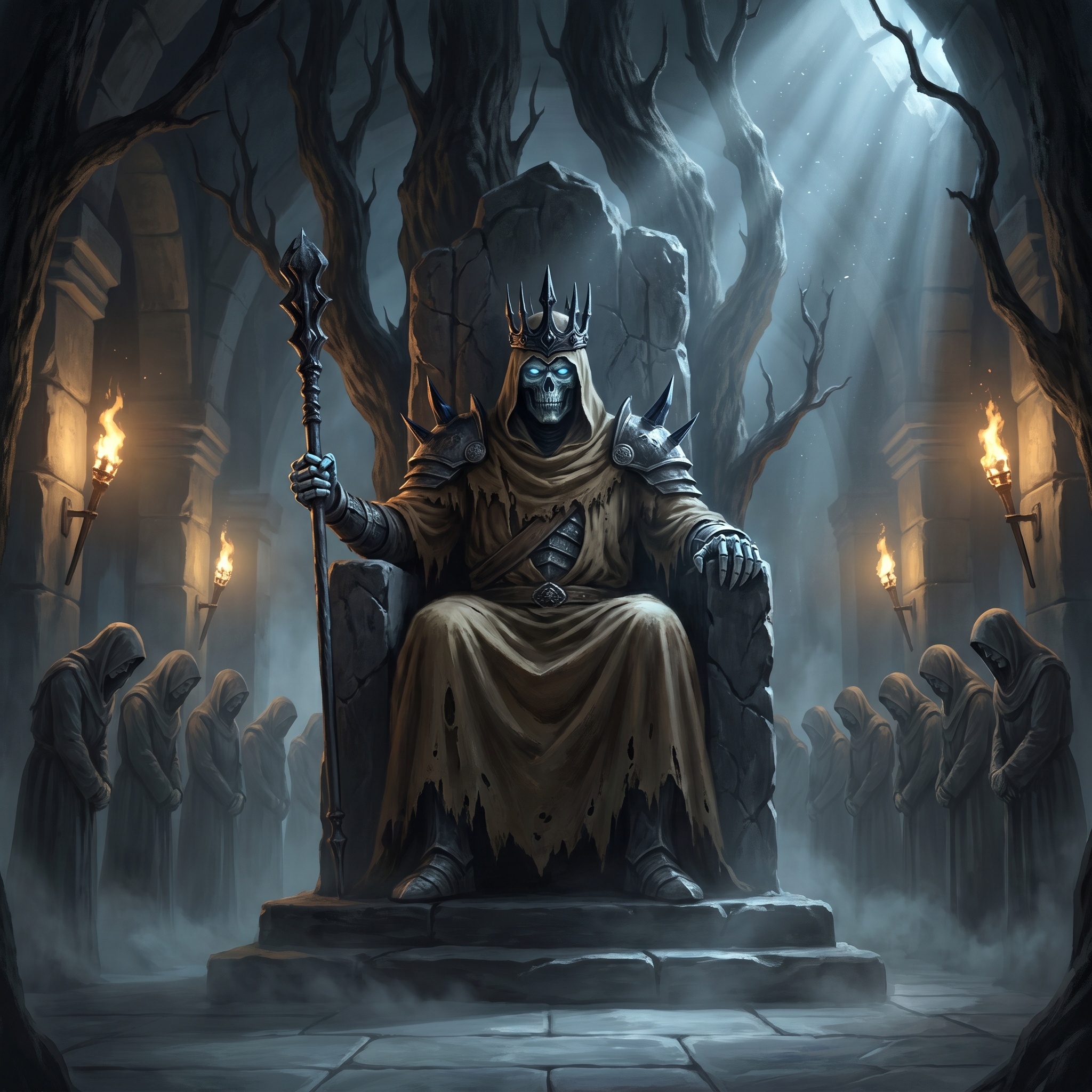 A crowned grave figure seated beneath cypress trees while respectful dead stand in ordered rows.