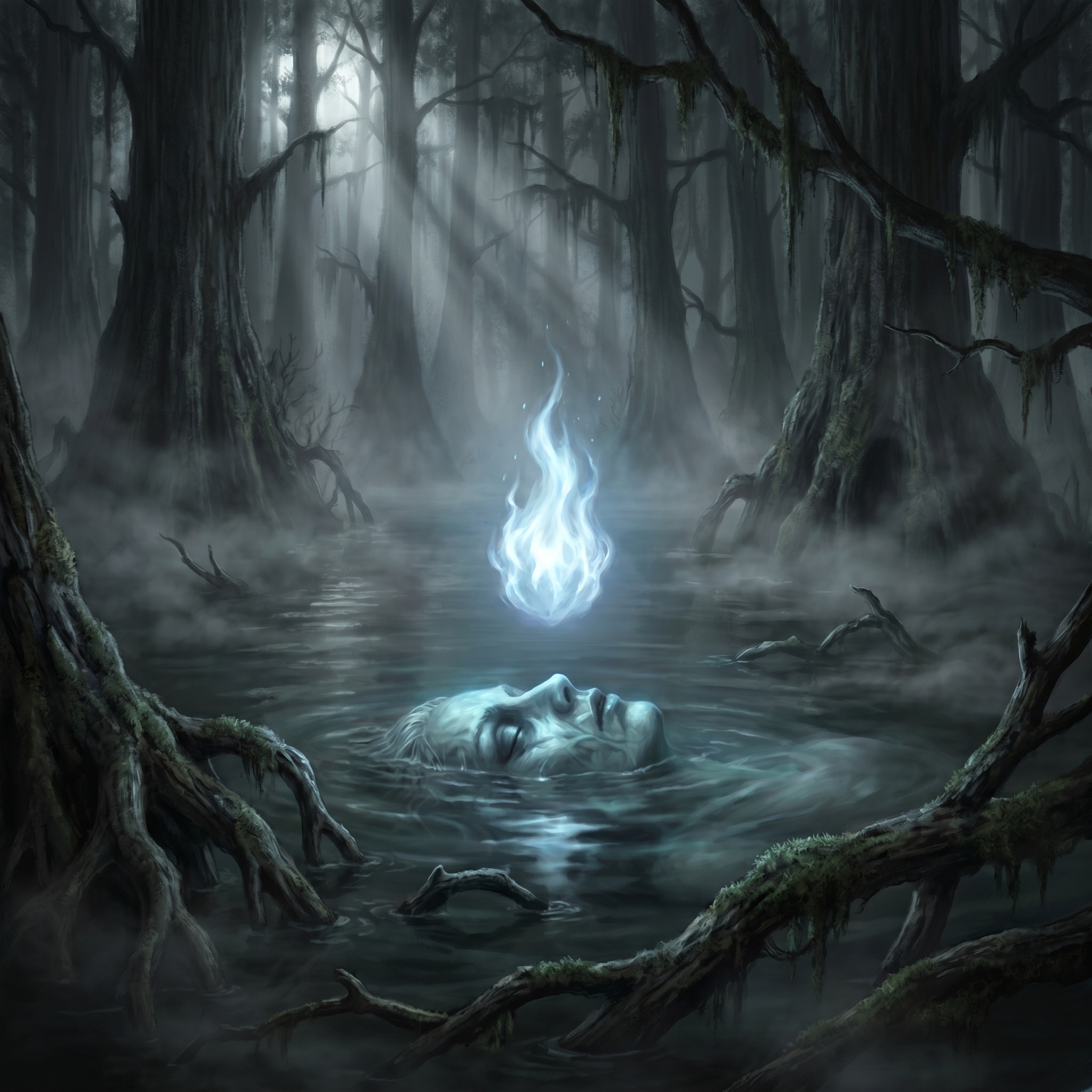 A floating blue-white flame over swamp water, reflected in a drowned face below.