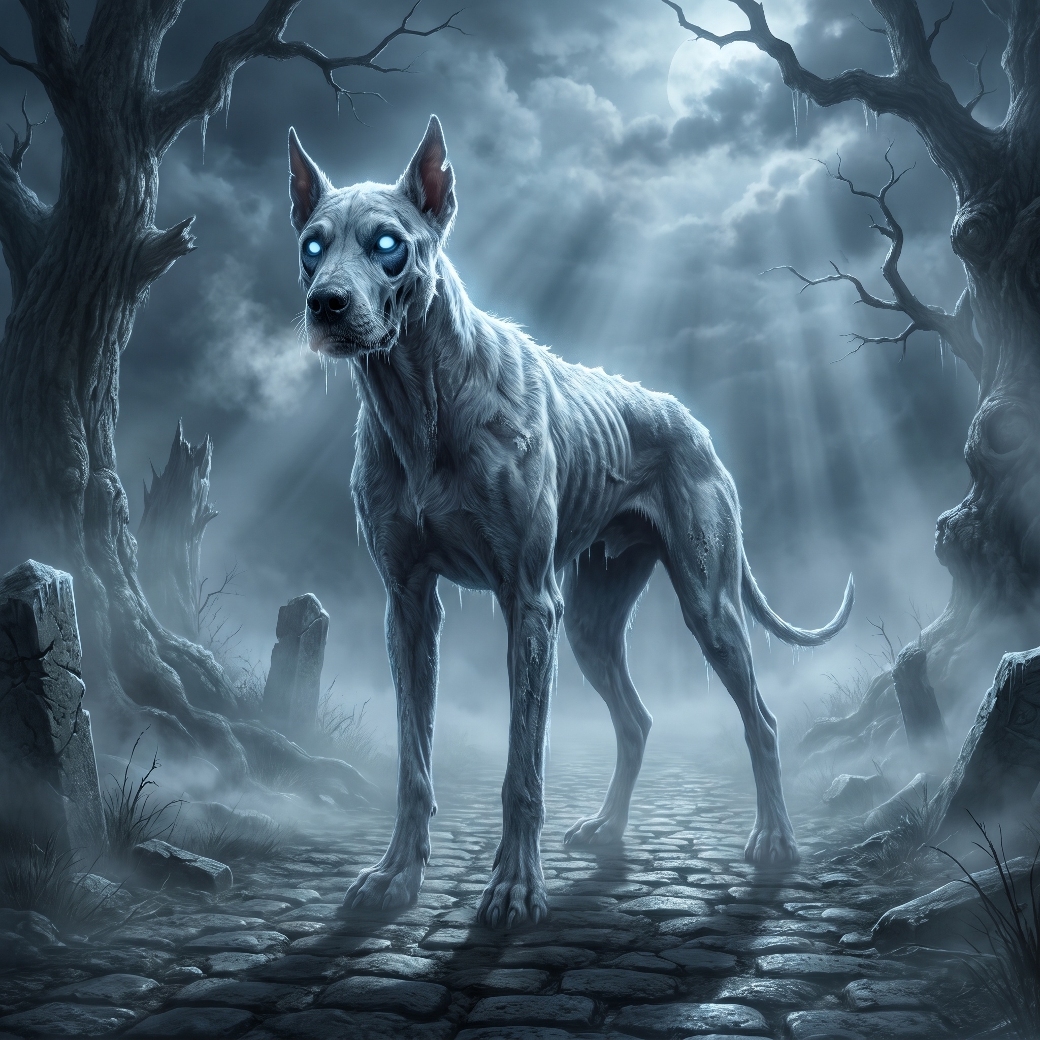 A large pale dog-shaped form with hollow eye sockets and no breath misting in the cold, standing at a crossroads.