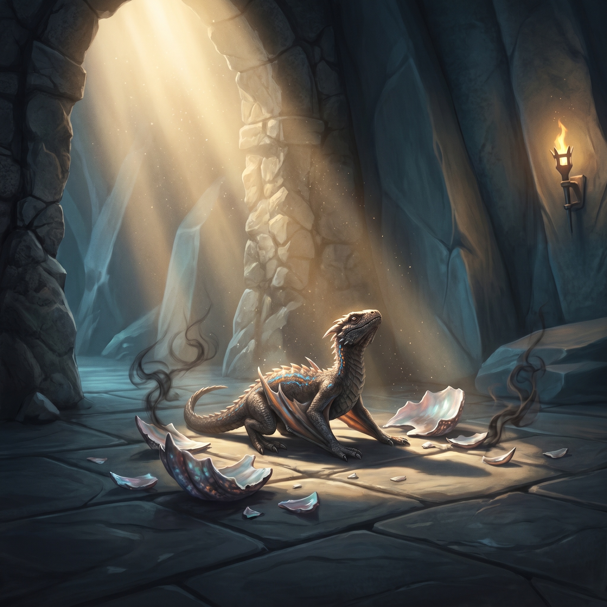 A newly hatched true dragon crouched among shell fragments, elemental traits barely visible.
