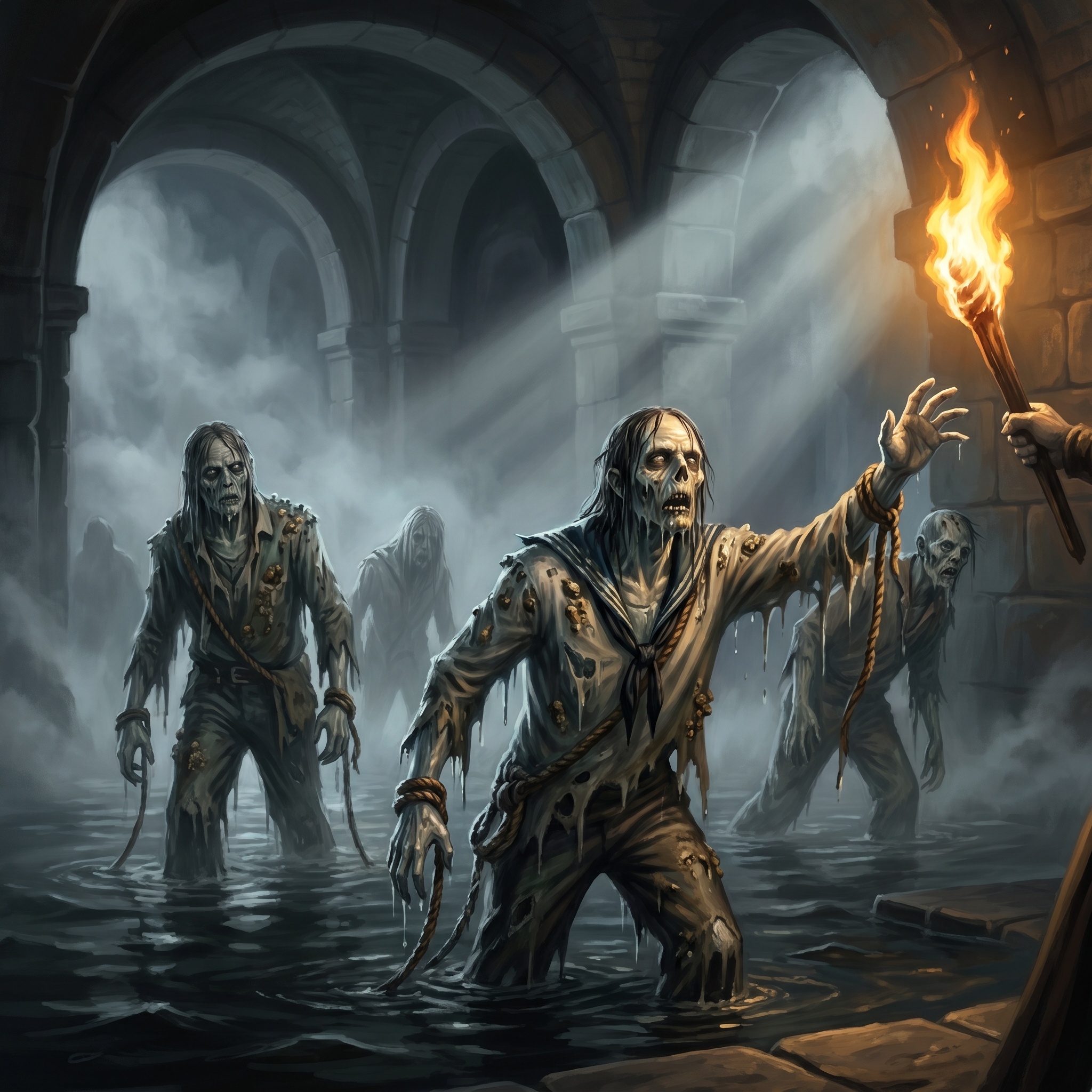 Waterlogged dead sailors rising from black water with ropes trailing from their wrists.