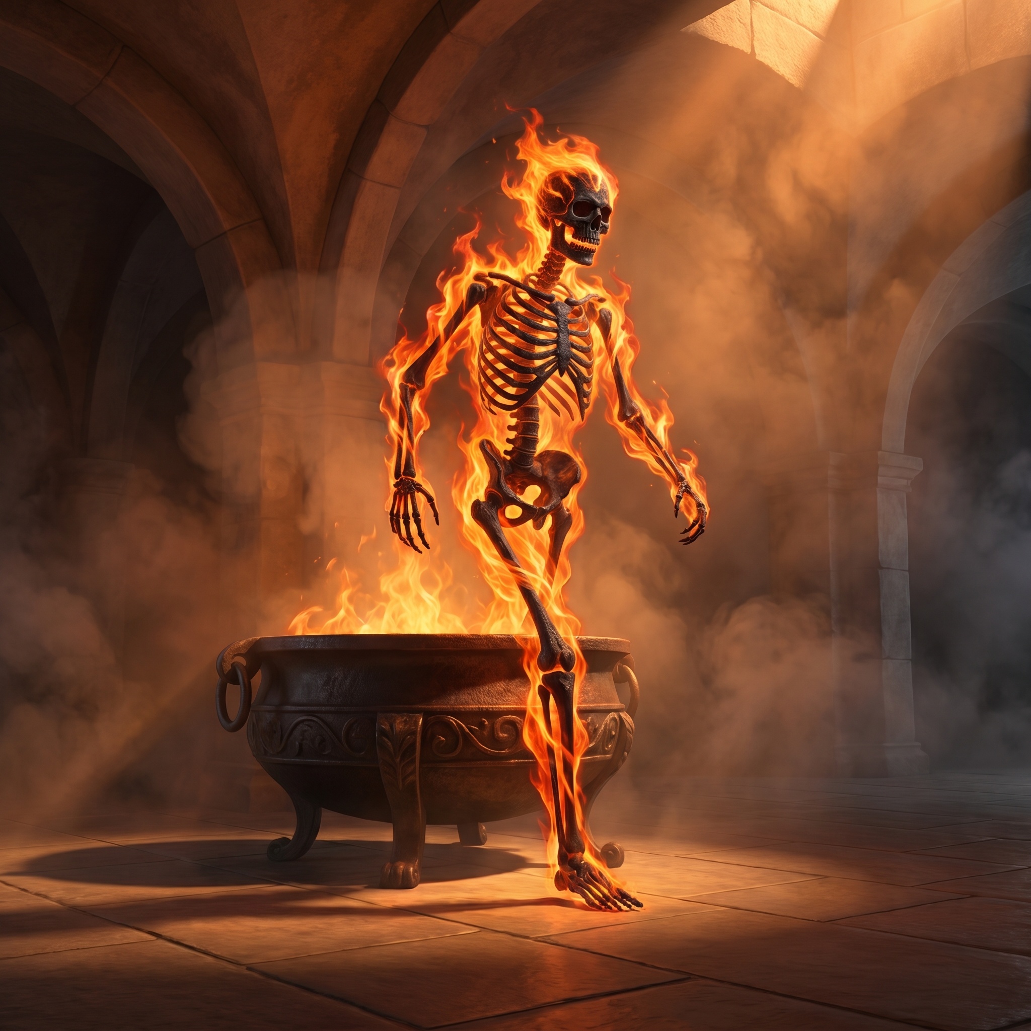 A humanoid flame shape with coal bones stepping out of a ritual brazier.