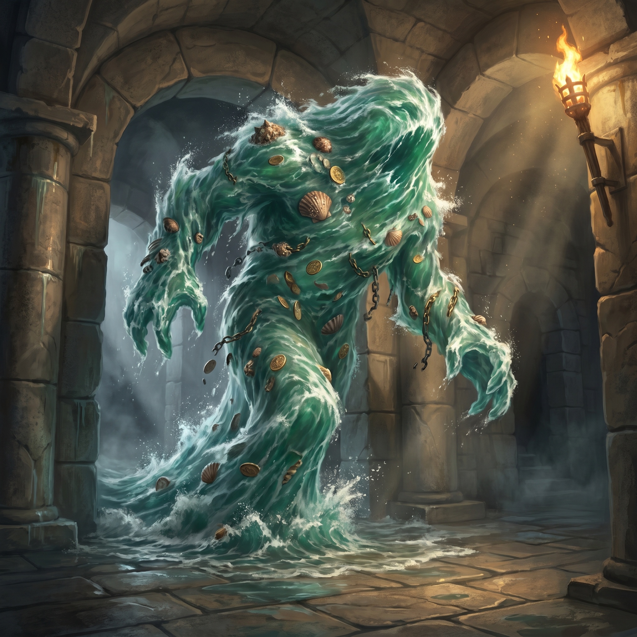 A walking mass of green-blue water, shells and drowned coins swirling inside.