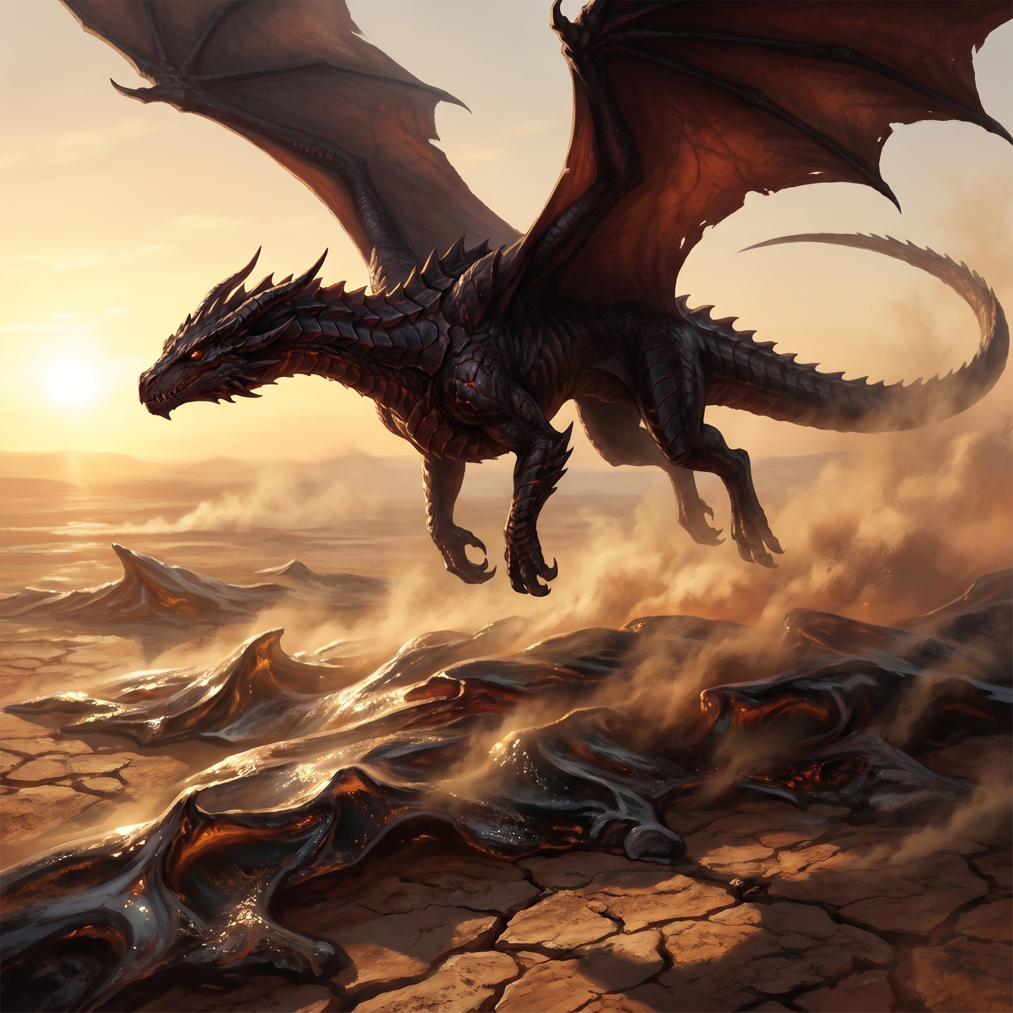 Ember Dragon over a Jazirah glass field, lean body, black-red ceramic scales, heat shimmer distorting the desert.