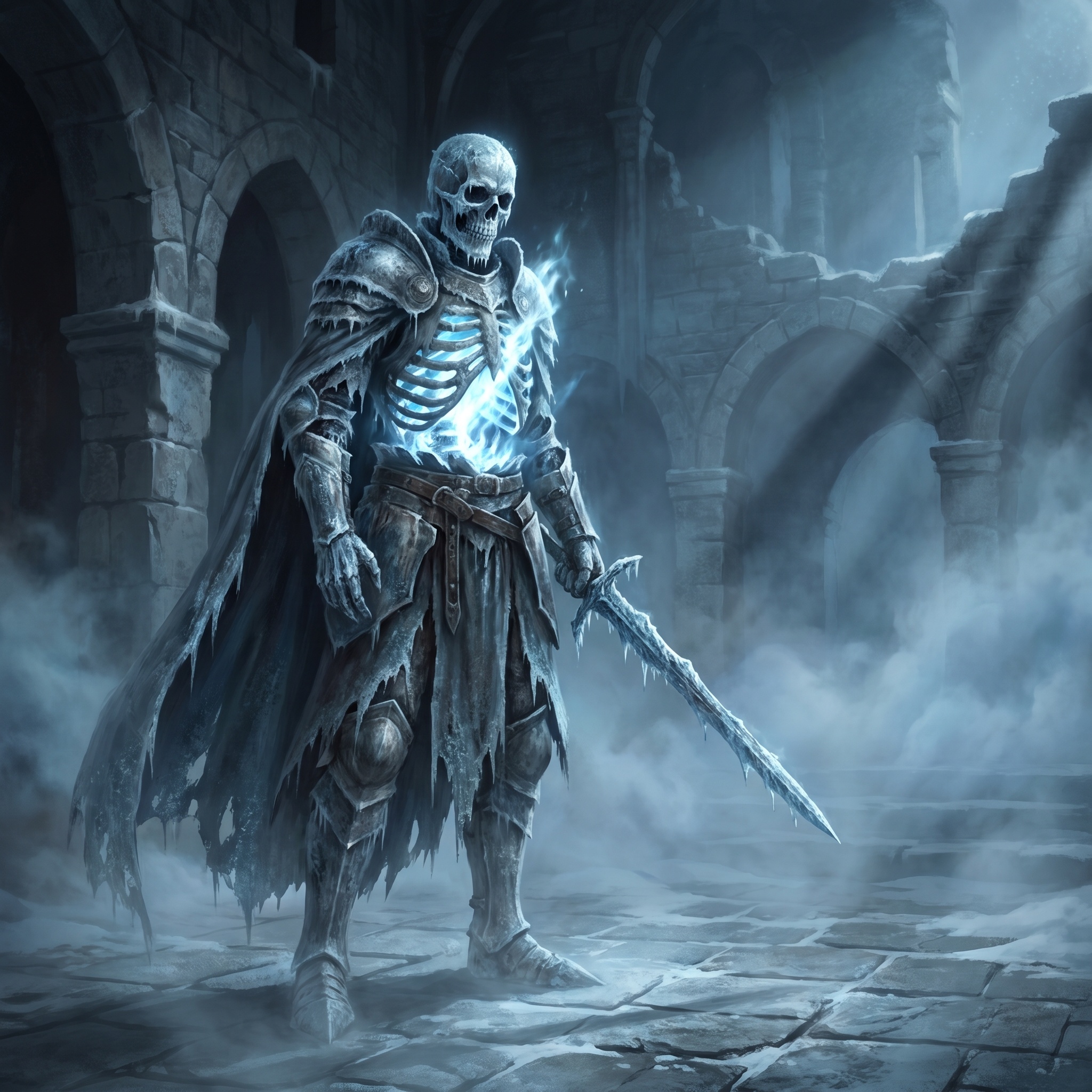 A frost-rimmed dead noble standing in a ruined Shoing hall with blue-white fire in its ribs.