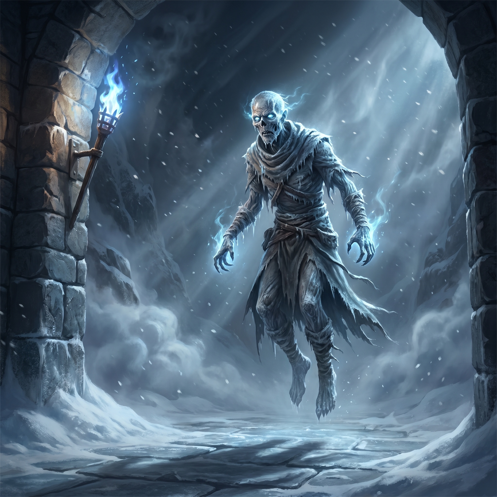 A hovering frost-preserved corpse in a Shoing pass, torchlight guttering blue around it.