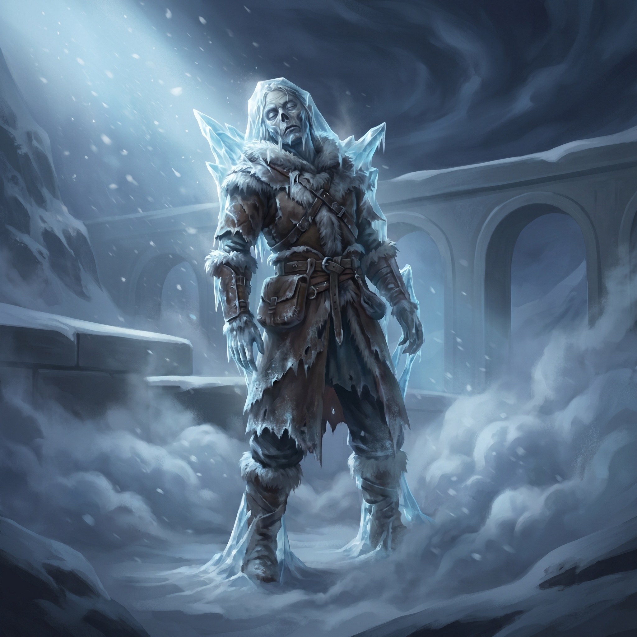 Frozen dead travelers standing upright in a blizzard, ice sealing their eyes.