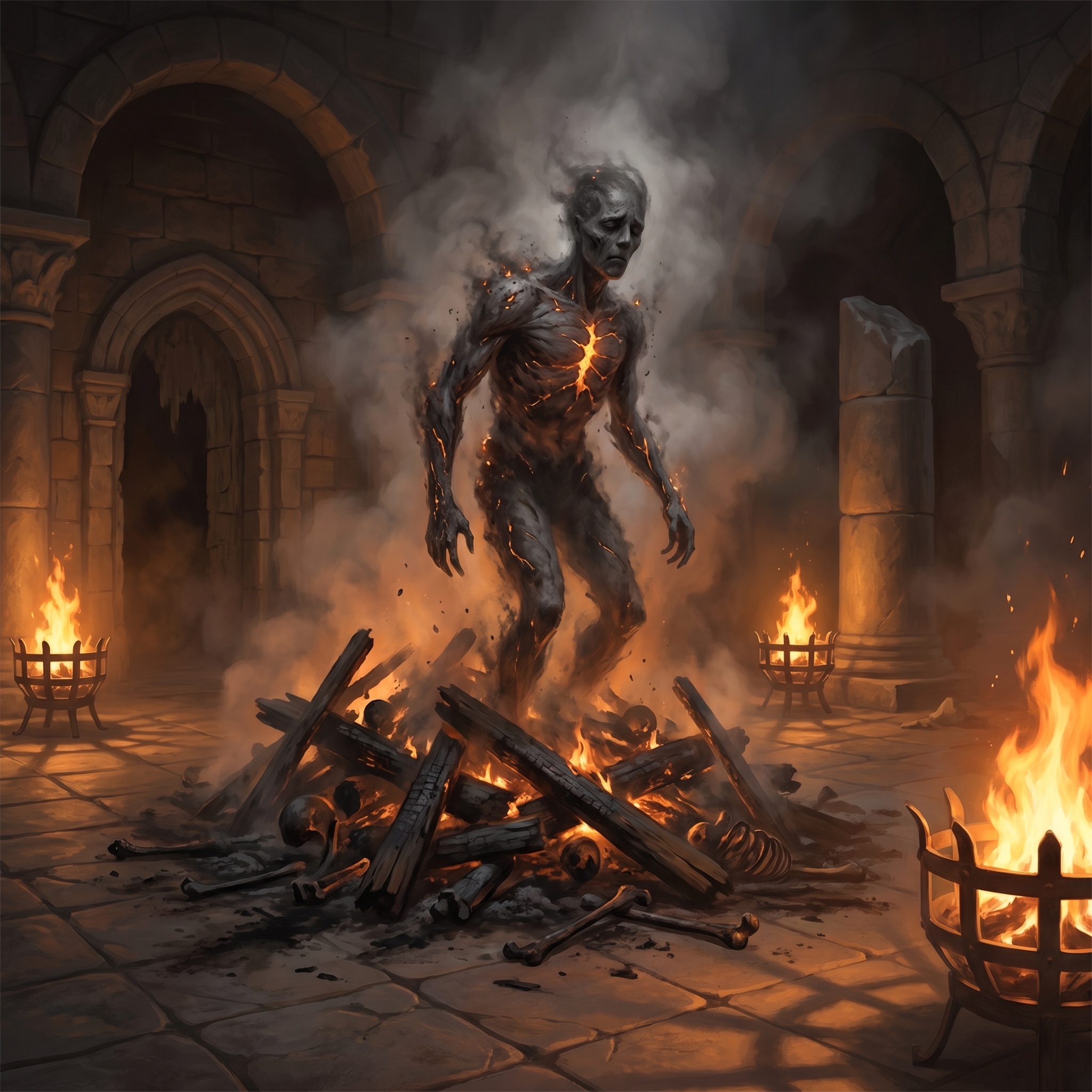 A humanoid shape of ash and ember rising from a neglected funeral pyre.