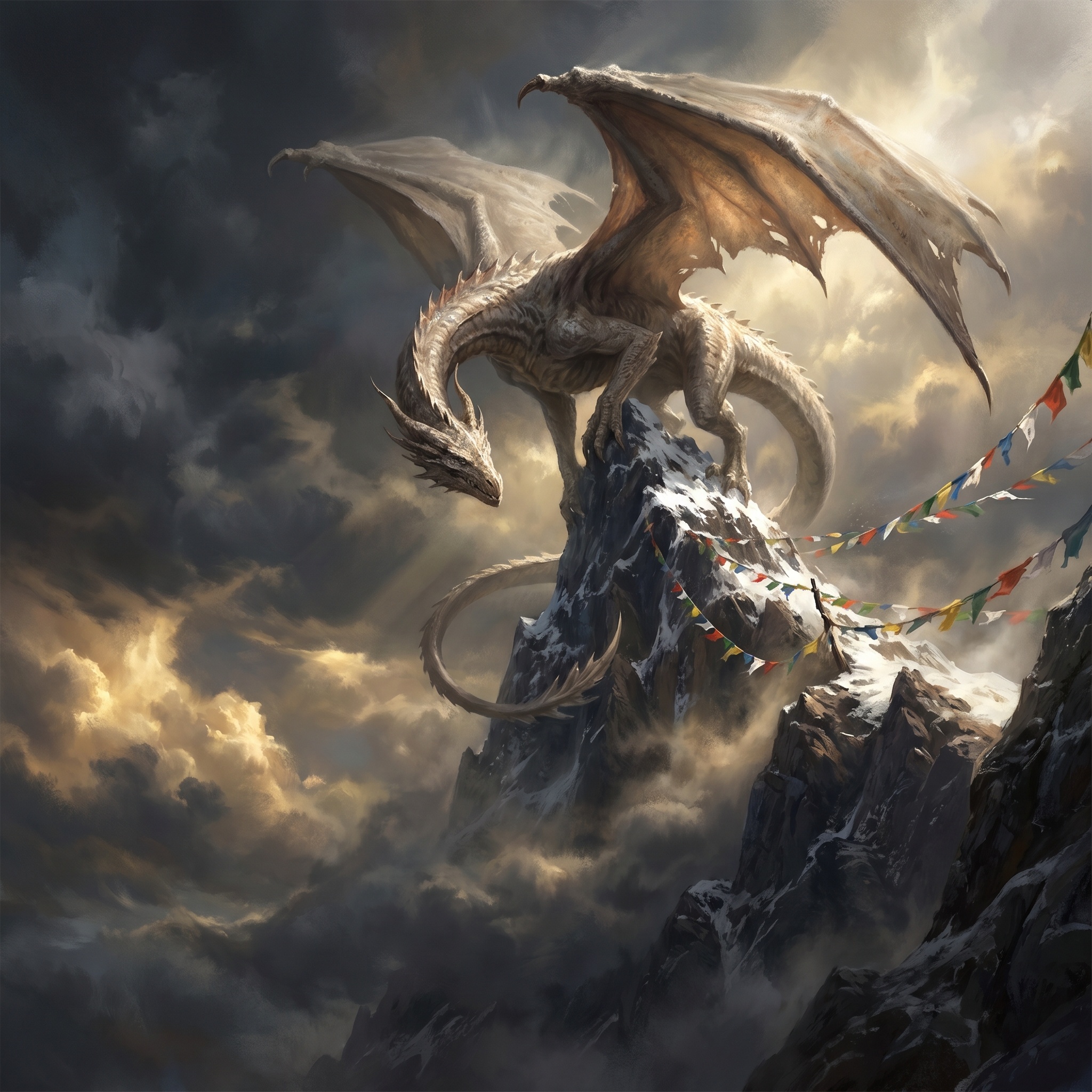 A long pale dragon circling a needle mountain above storm clouds and prayer flags.
