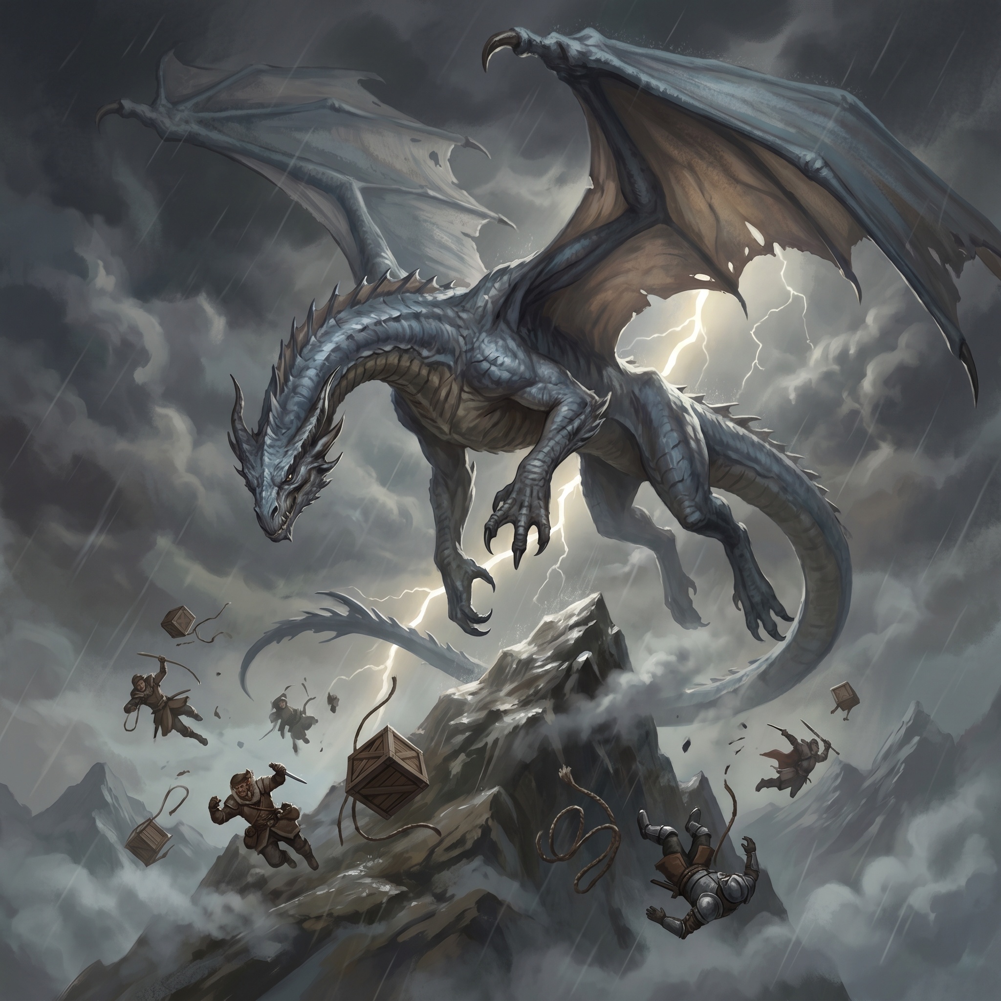Gale Dragon above a storm peak, long wings cutting cloud, loose gear and bodies thrown by downdraft.