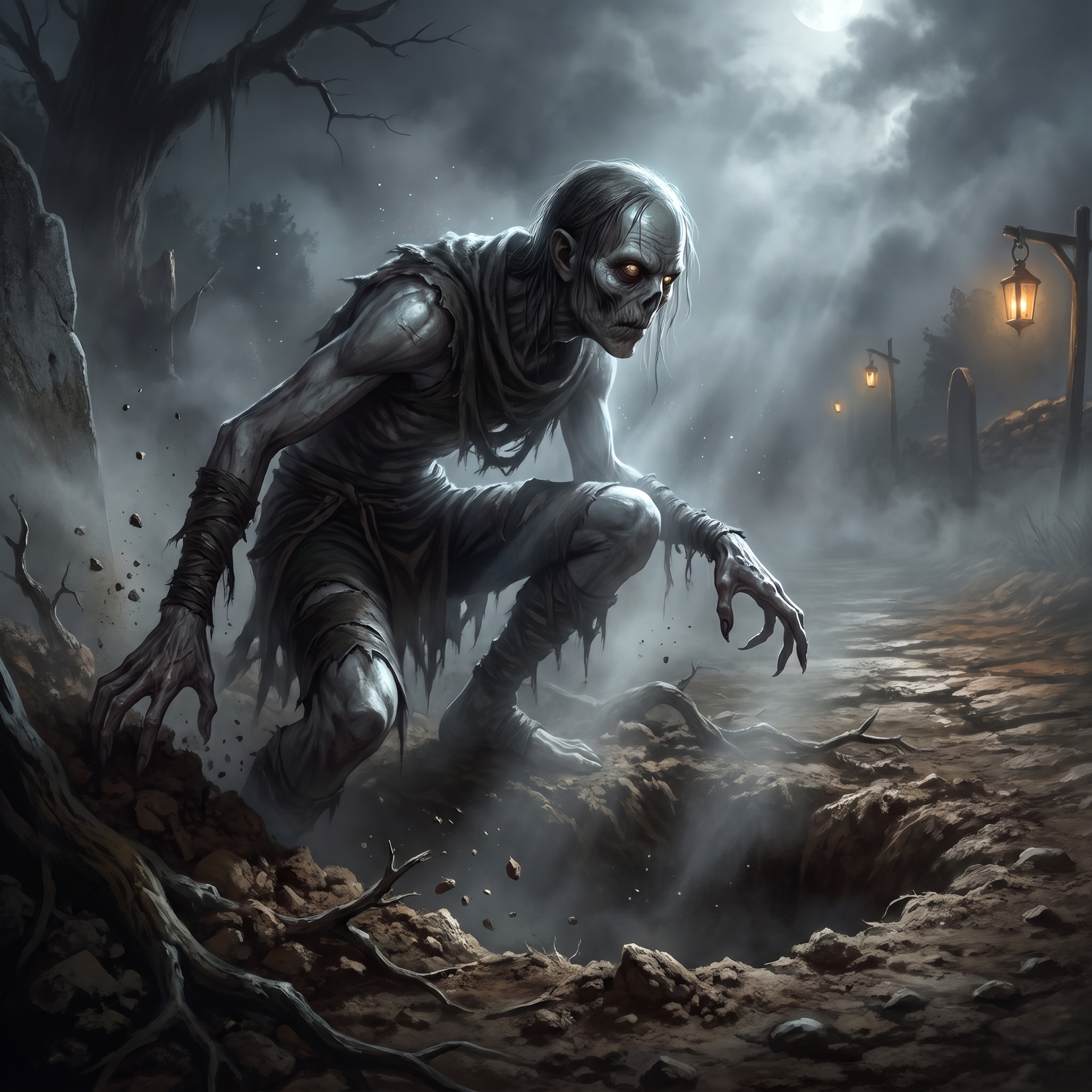 A lean pale figure over a shallow grave, fingers too long, posture arranged for concealment, watching the road.