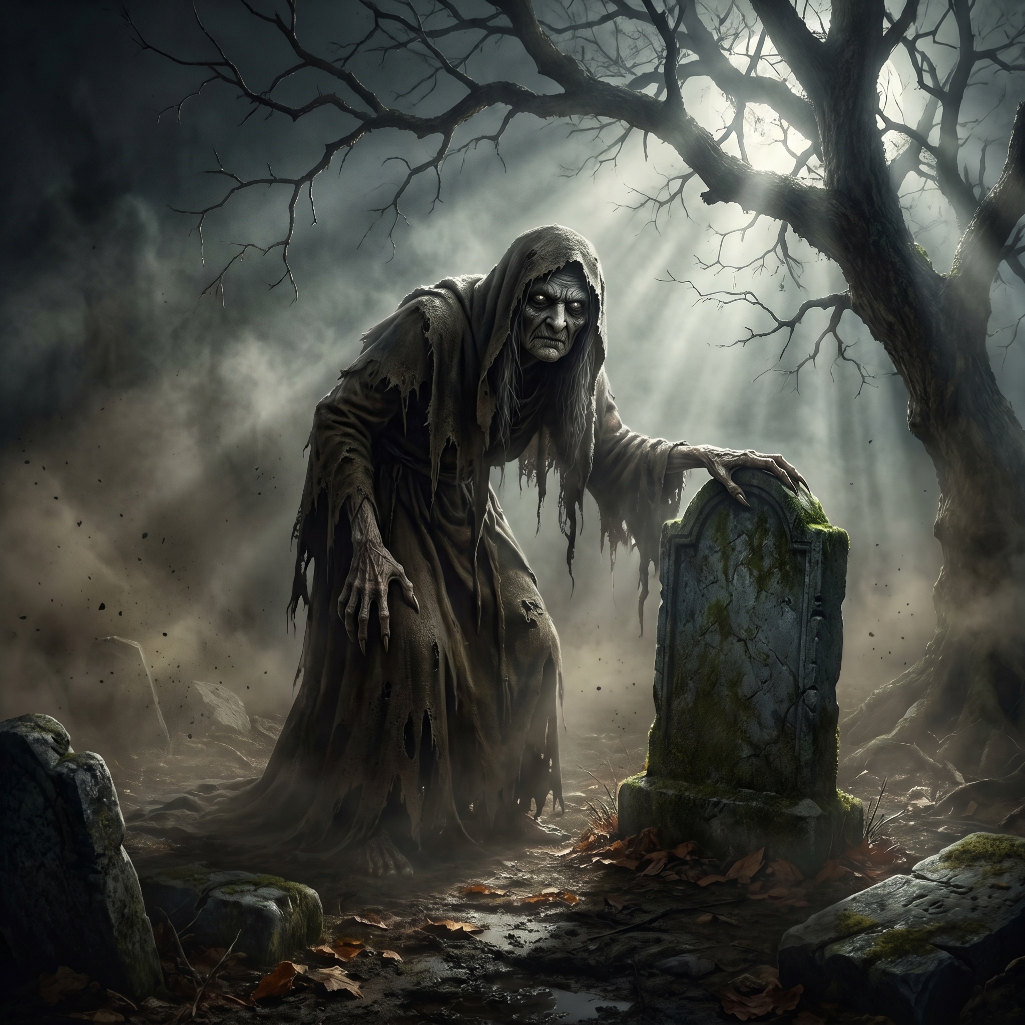 An old woman at a crossroads grave marker, one hand flat on the stone, face wrong — too still, too patient, too aware.
