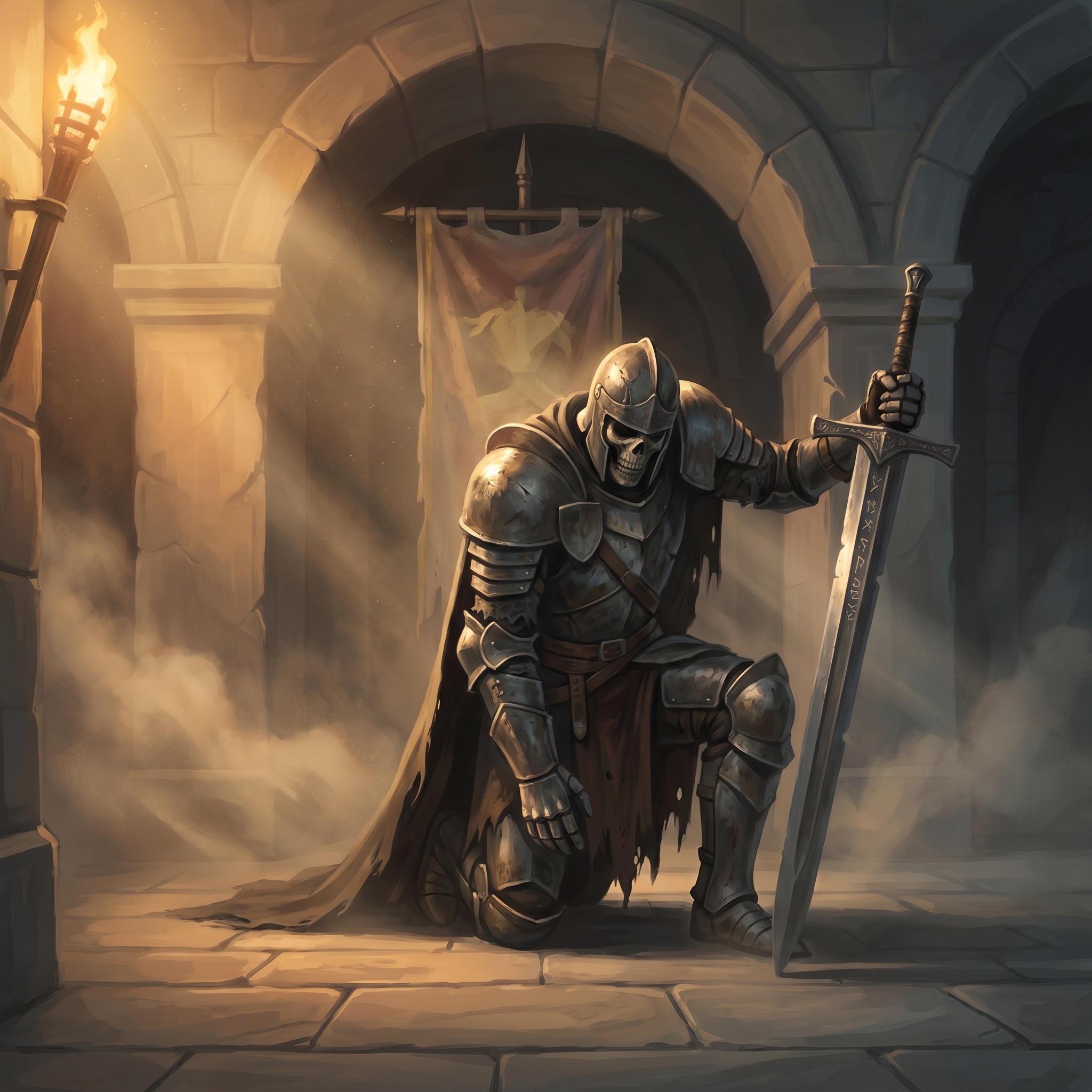 A dead knight in tarnished plate kneeling beside an old battlefield banner before rising with sword drawn.