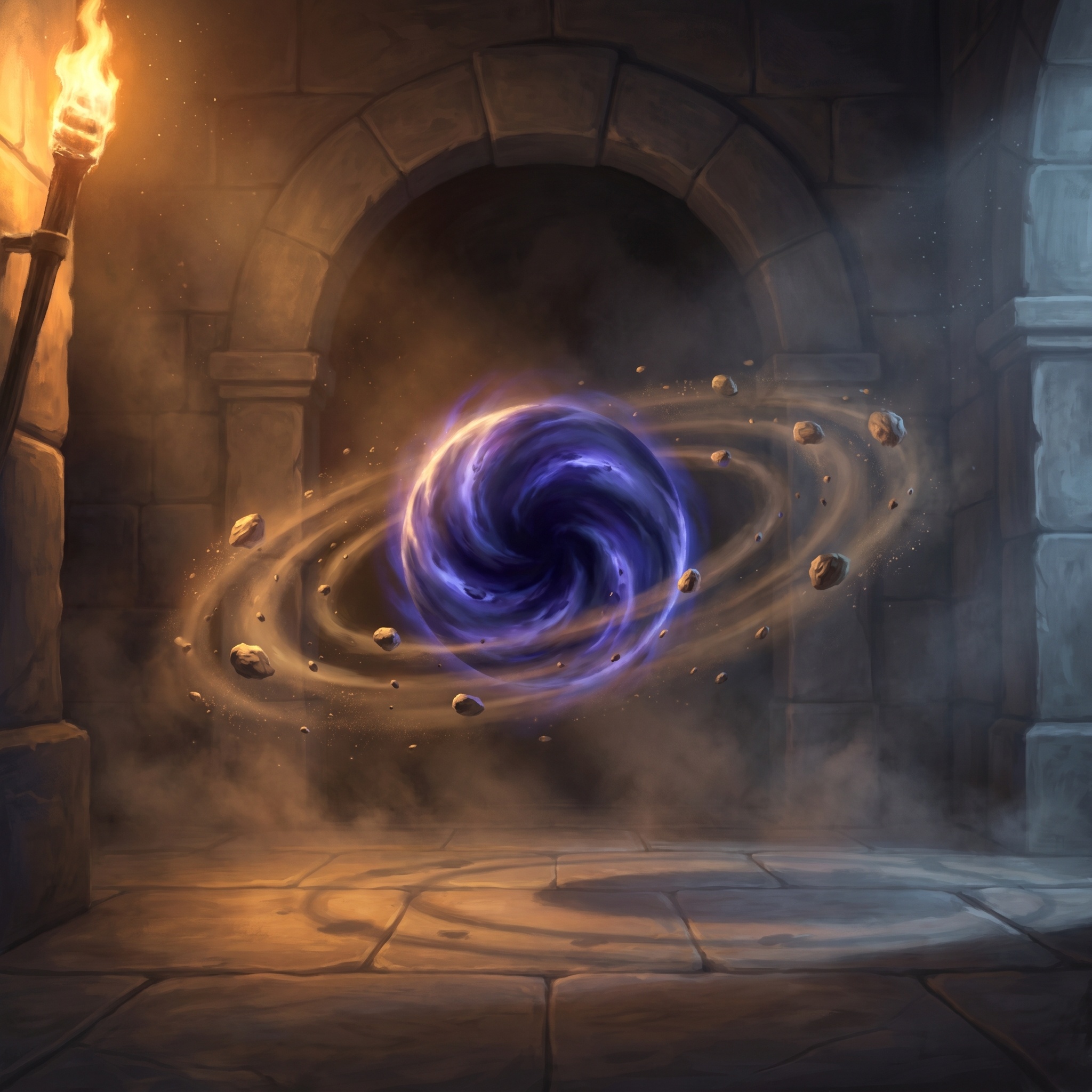 A small black-violet mote bending dust and loose pebbles into orbit around itself.