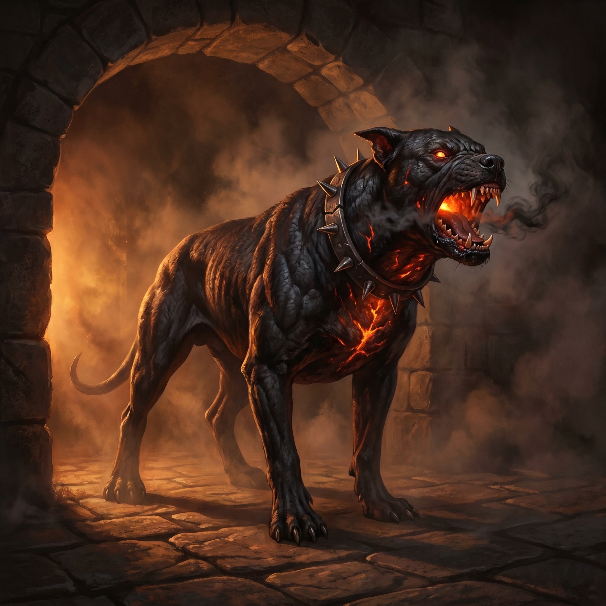 A coal-black hound with ember throat and iron collar, smoke leaking between its teeth.