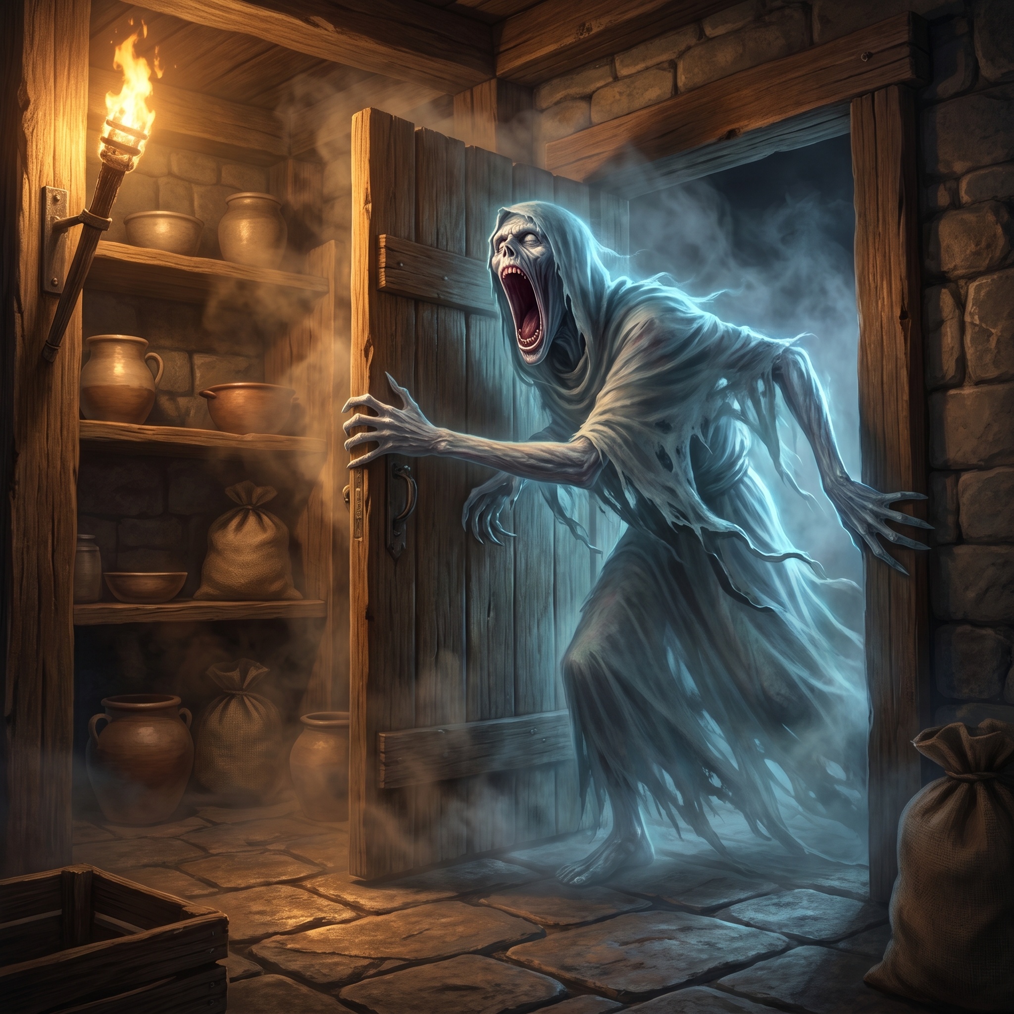 A gaunt translucent figure reaching through a pantry door, mouth impossibly wide.