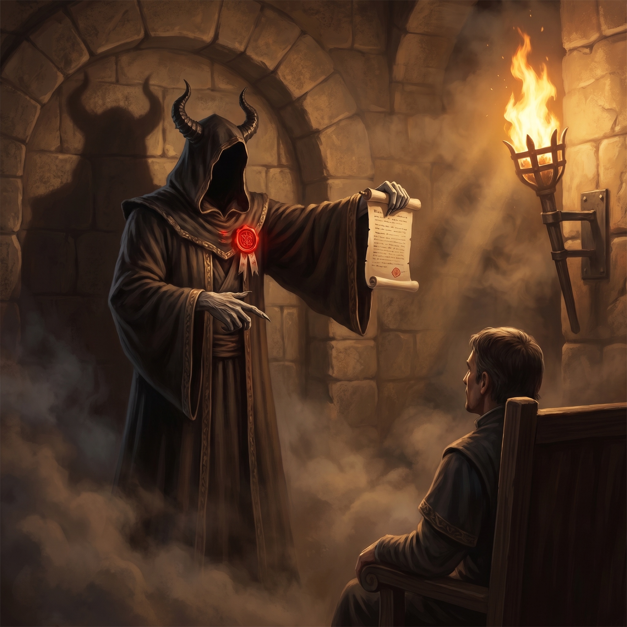 A robed infernal advocate arguing before a mortal magistrate, shadow shaped like horns.