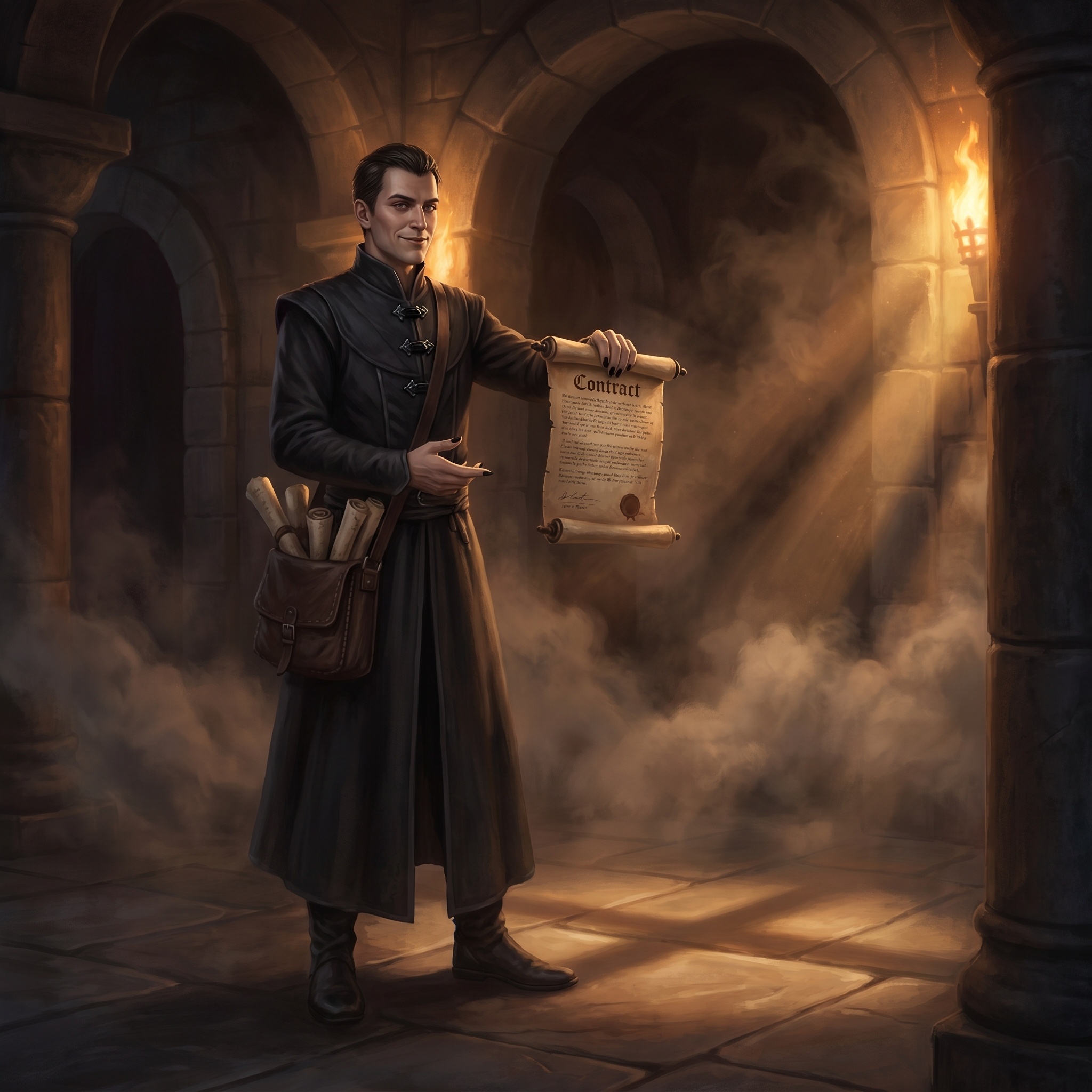 A neat mortal clerk with ink-black fingernails, contract scrolls, and a smile too practiced to trust.