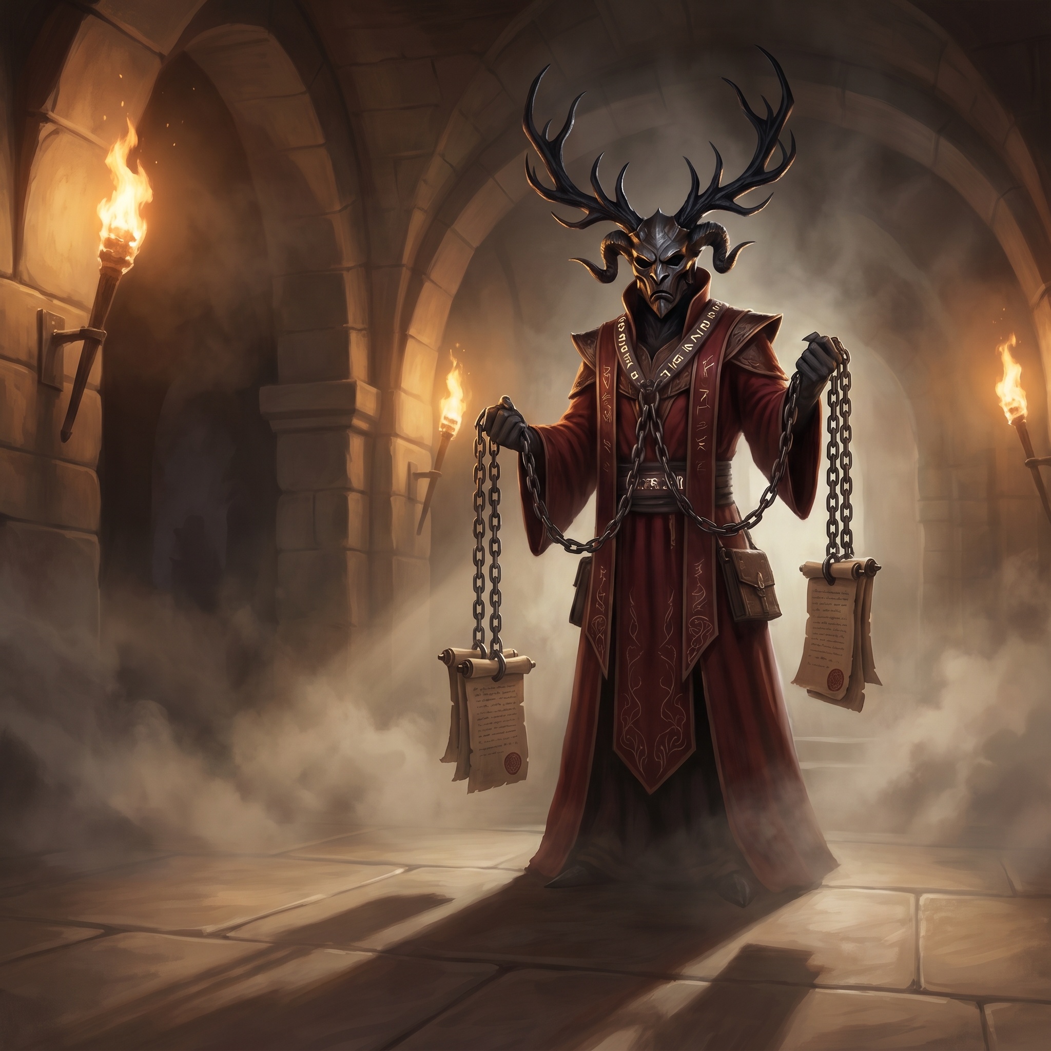 A refined devil with ink-black antlers, red ledger robes, and chains ending in stamped contracts.