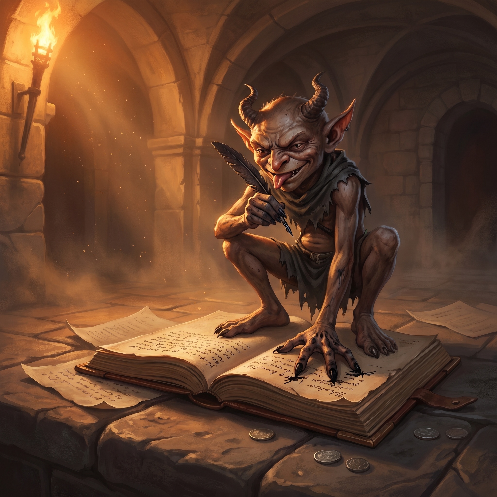 A small ink-fingered imp perched on an account book, licking a quill point.