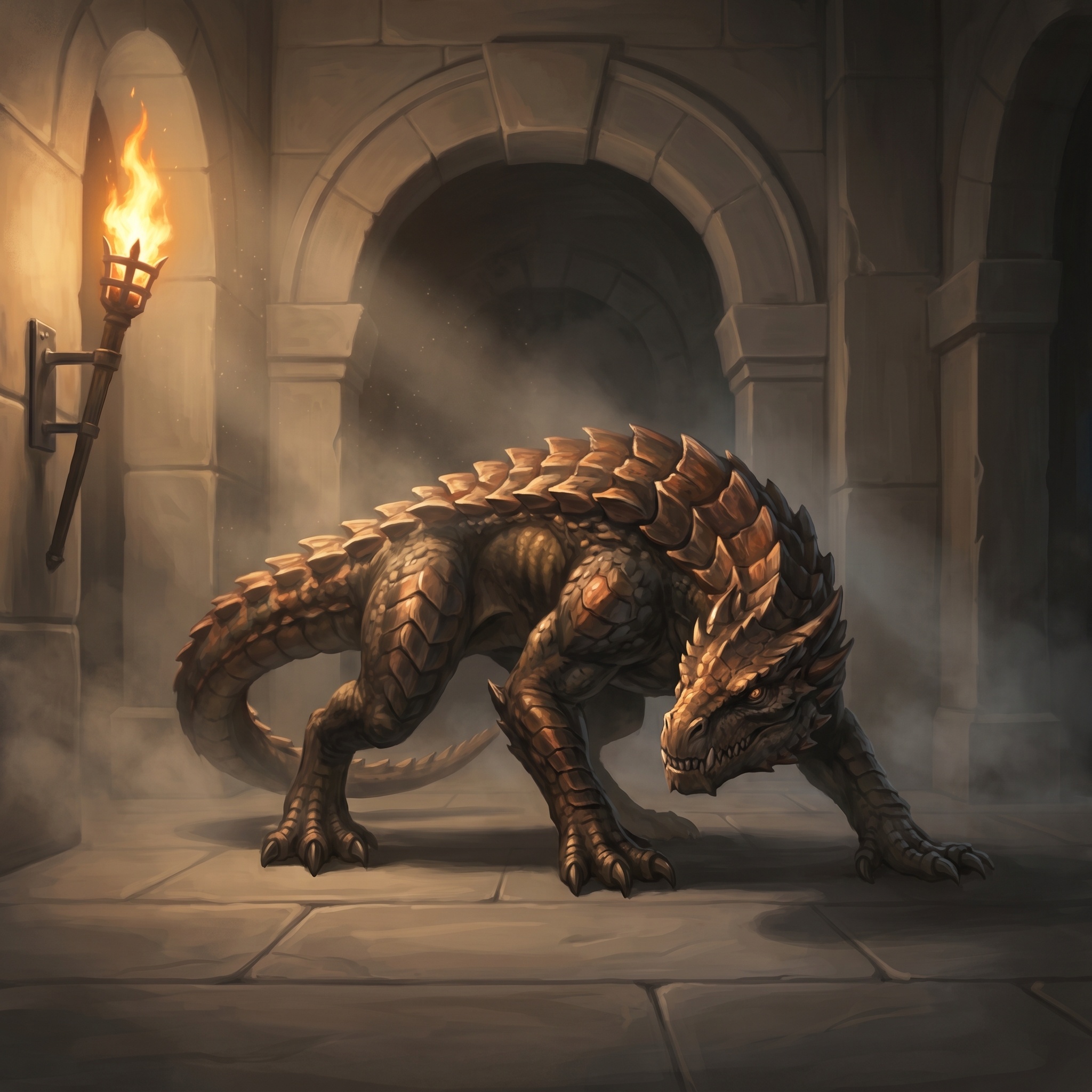 A horse-sized wingless drake with plated back and predatory stance.