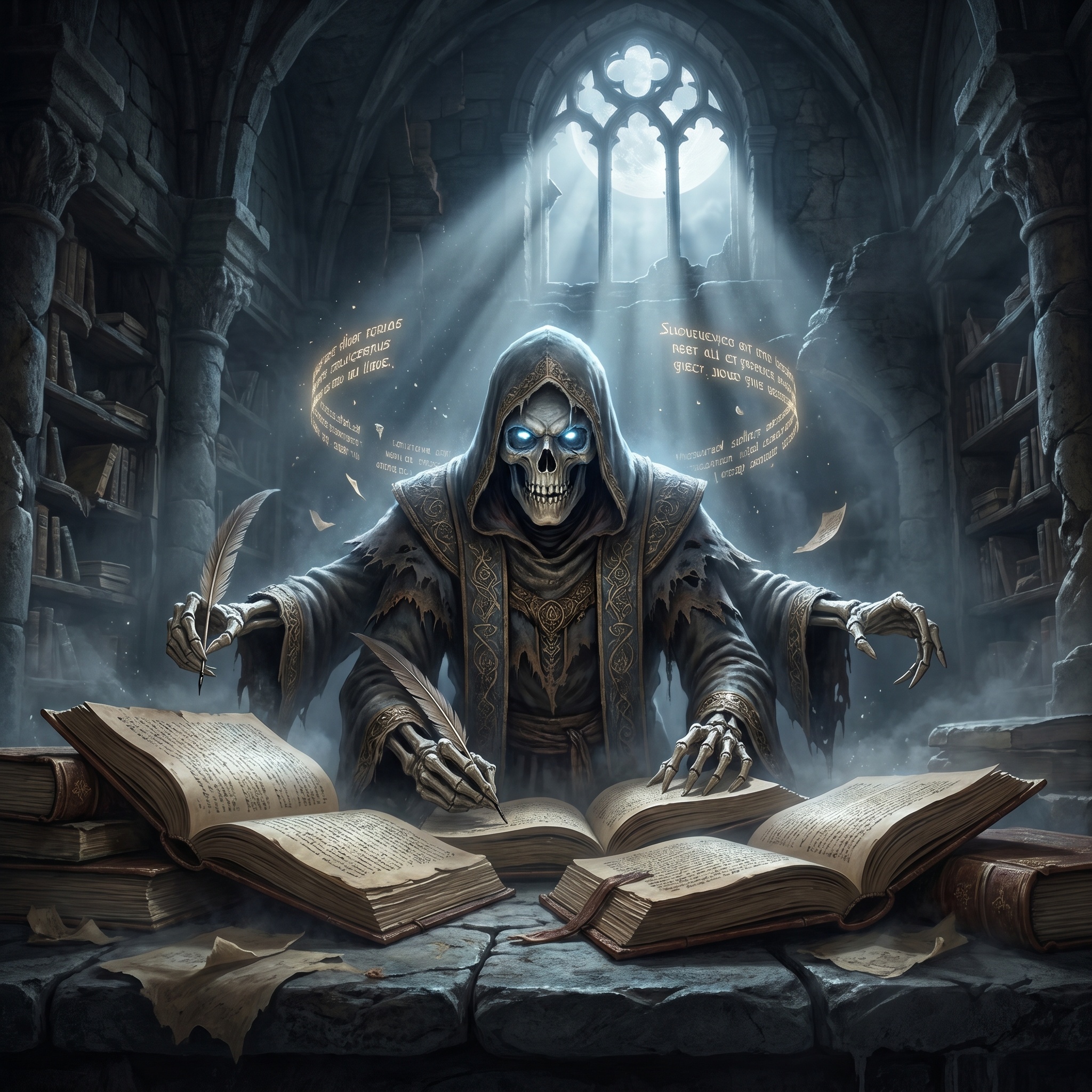 A preserved scholarly figure in a ruined library, surrounded by floating text fragments, writing in several books simultaneously with hands that are mostly bone.