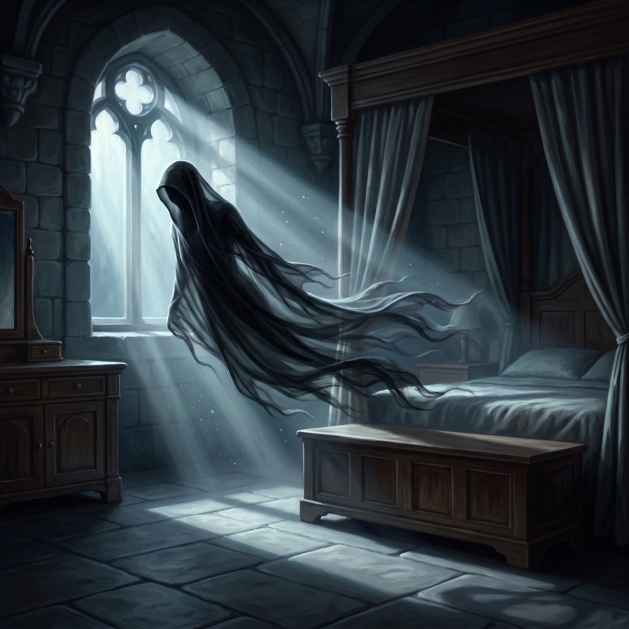 A black translucent veil drifting through a bedroom, shaped like a grieving figure when seen sideways.