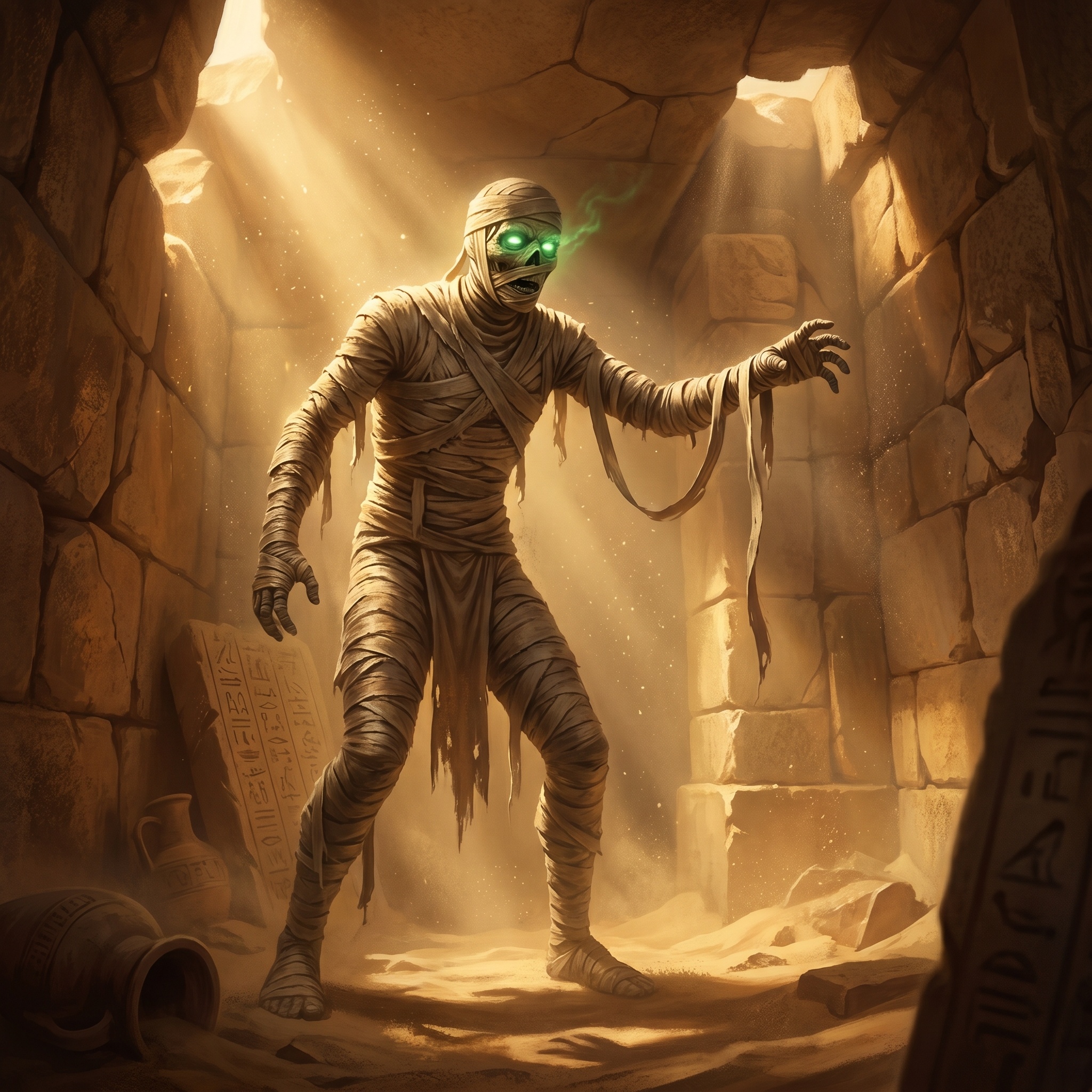 A wrapped figure in a hot tomb, one arm extended, linen unwinding slightly as it moves, curse-glow at the eyes.