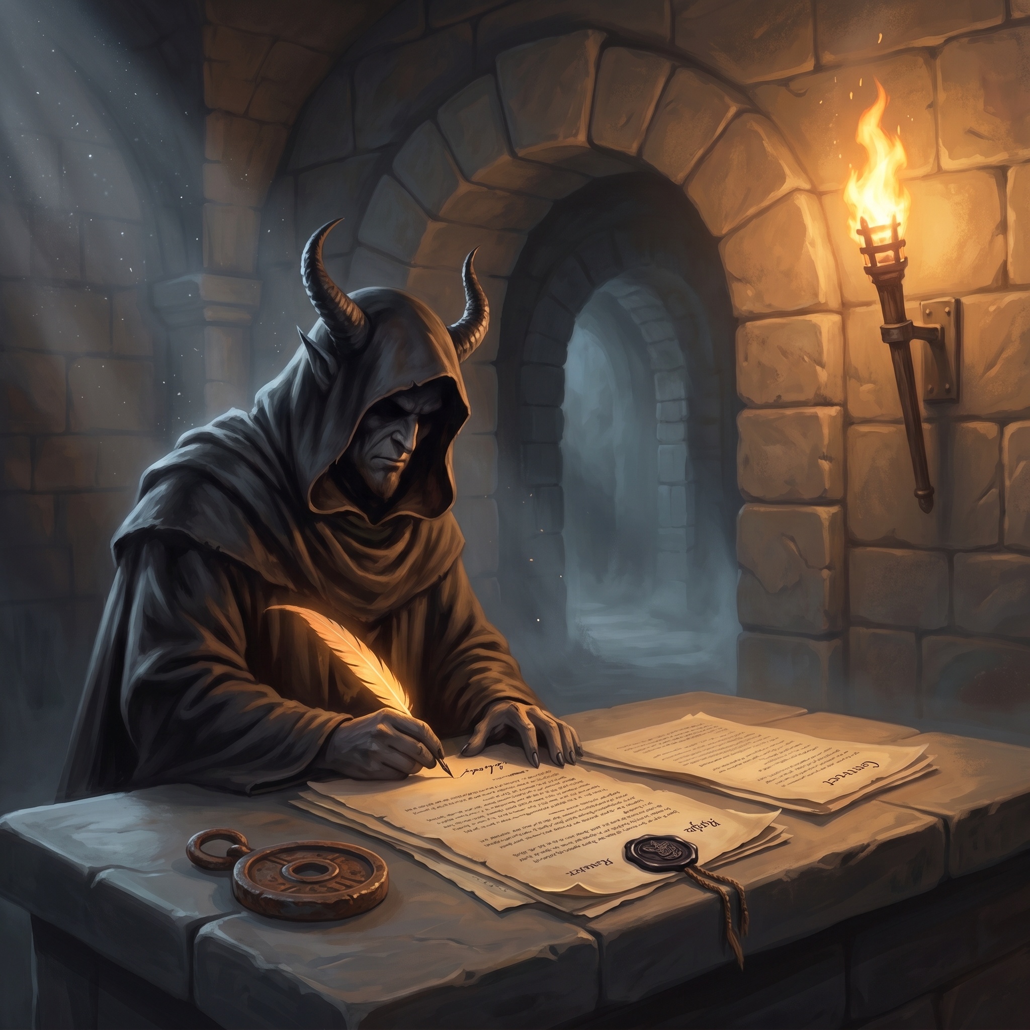 A shadowed named devil signing a multi-page contract with a royal seal and soul coin weight nearby.