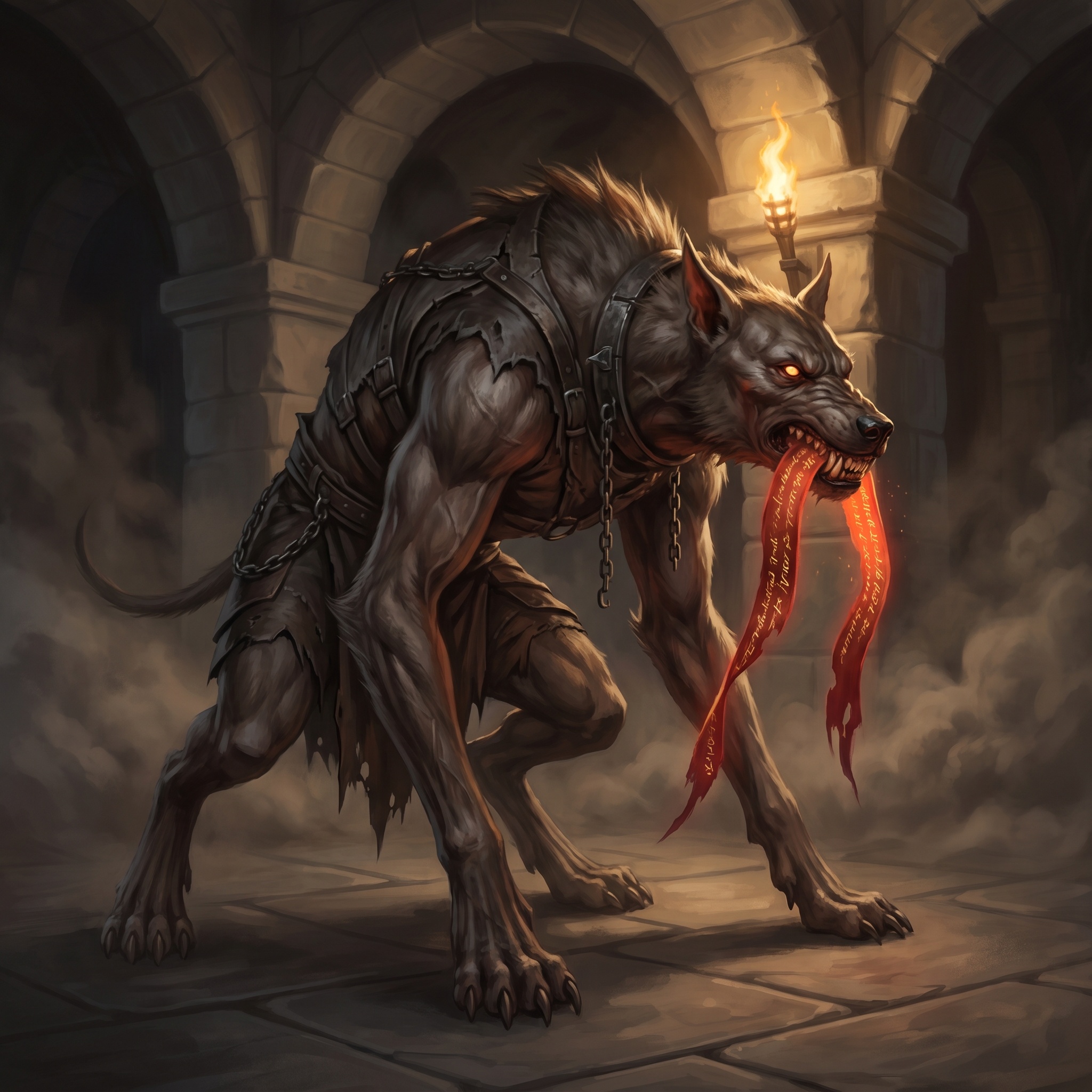 A gaunt infernal hound-man chewing glowing script from a broken vow ribbon.