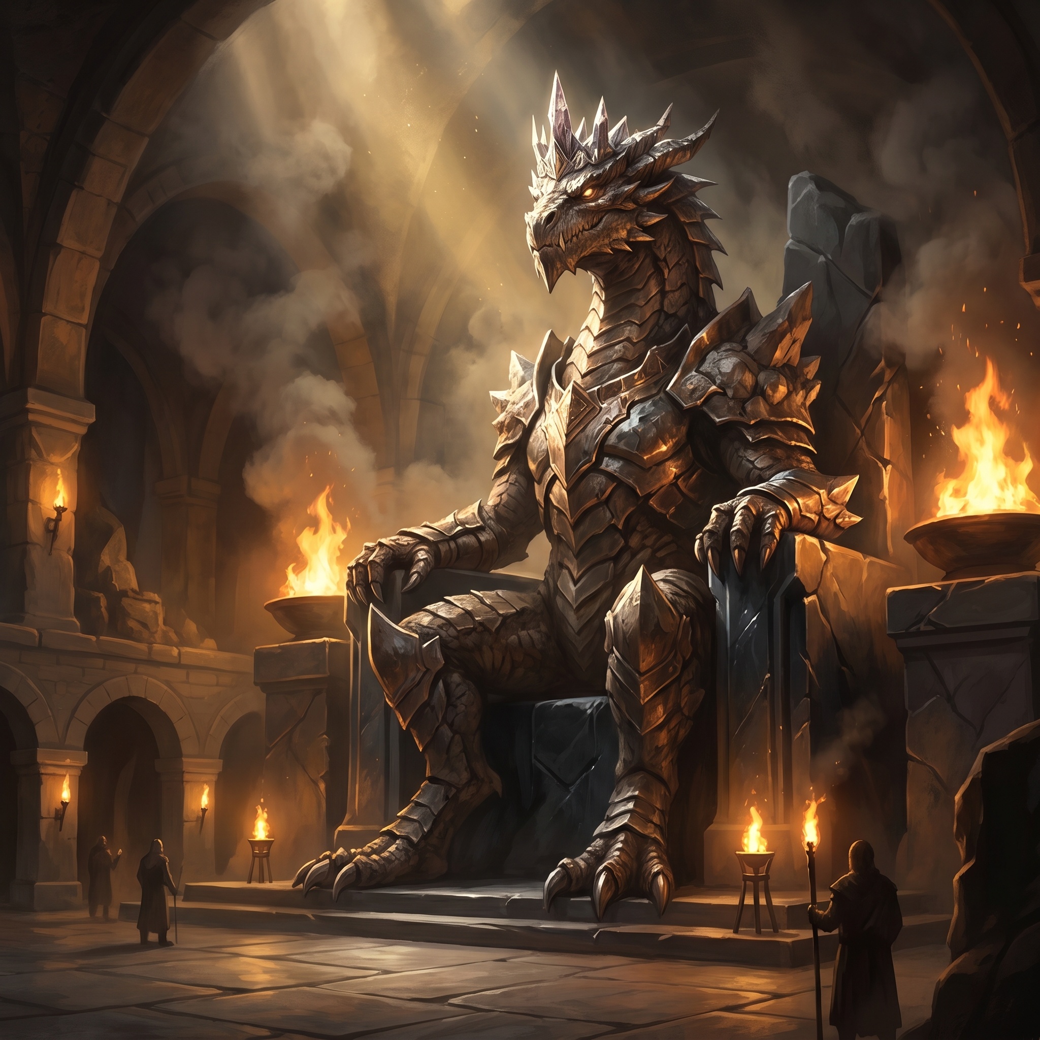 A crowned subterranean drake-shape of metal and stone seated beneath a vaulted mine city.