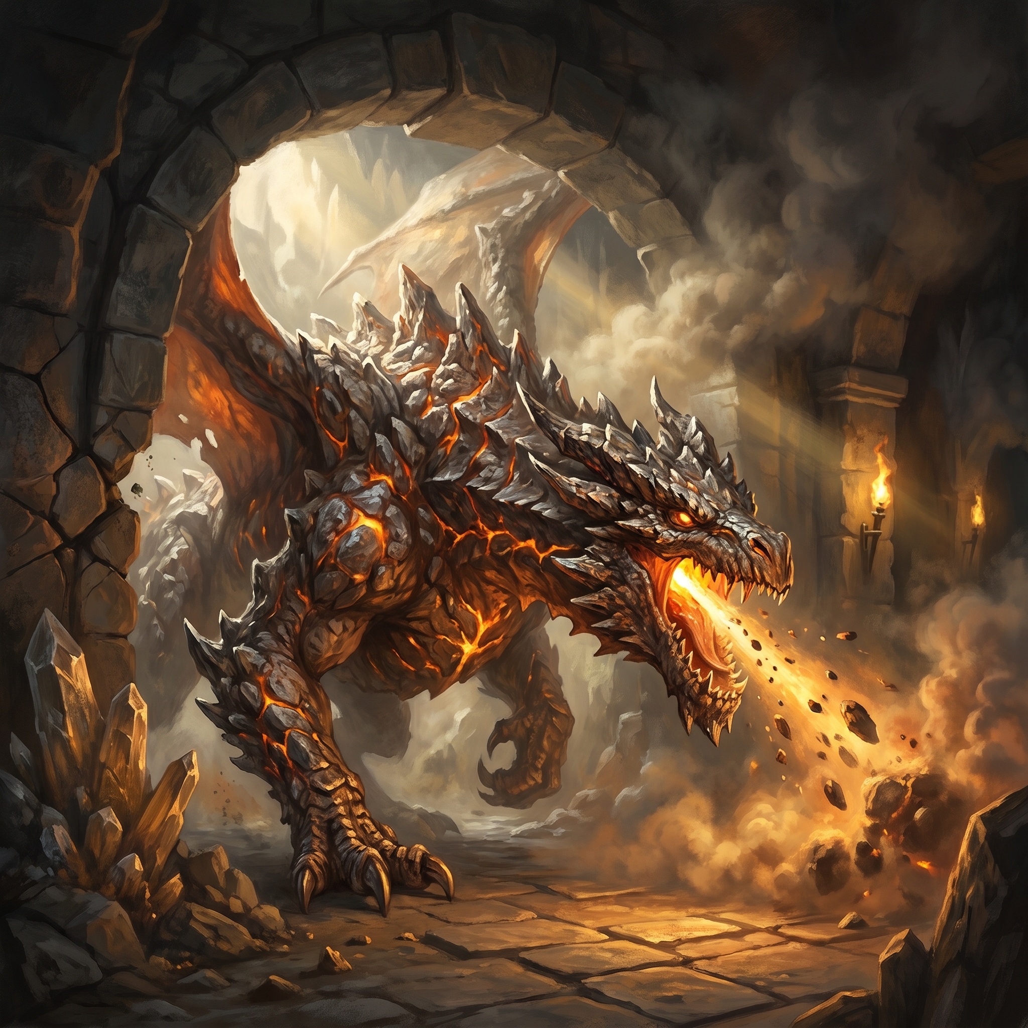 Ore Dragon emerging from a mine wall, mineralized plates and metal veins glowing around molten stone breath.