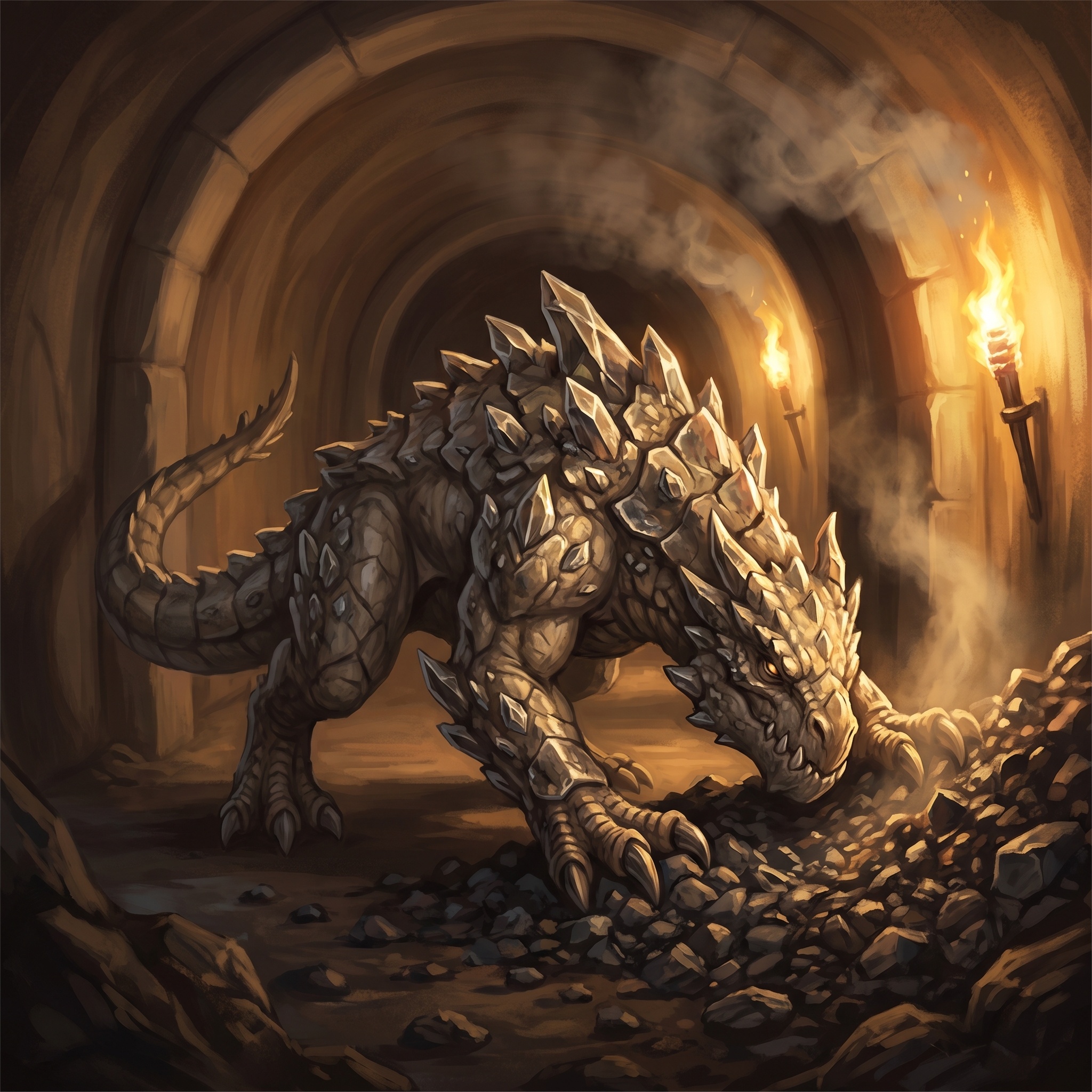 A stocky drake with mineral plates along its back digging through ore scree.