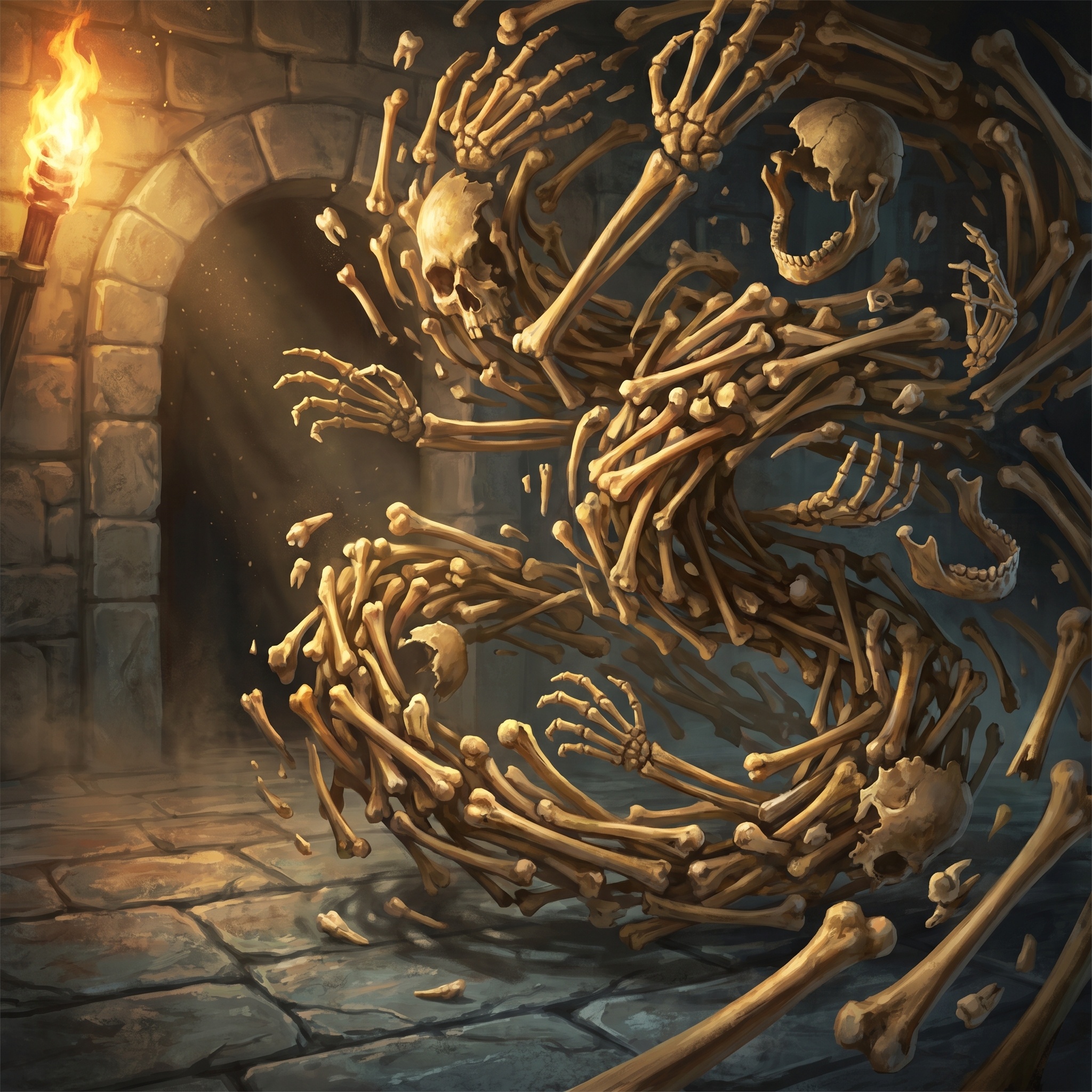 A whirl of finger bones, teeth, and small skull fragments forming grasping shapes.