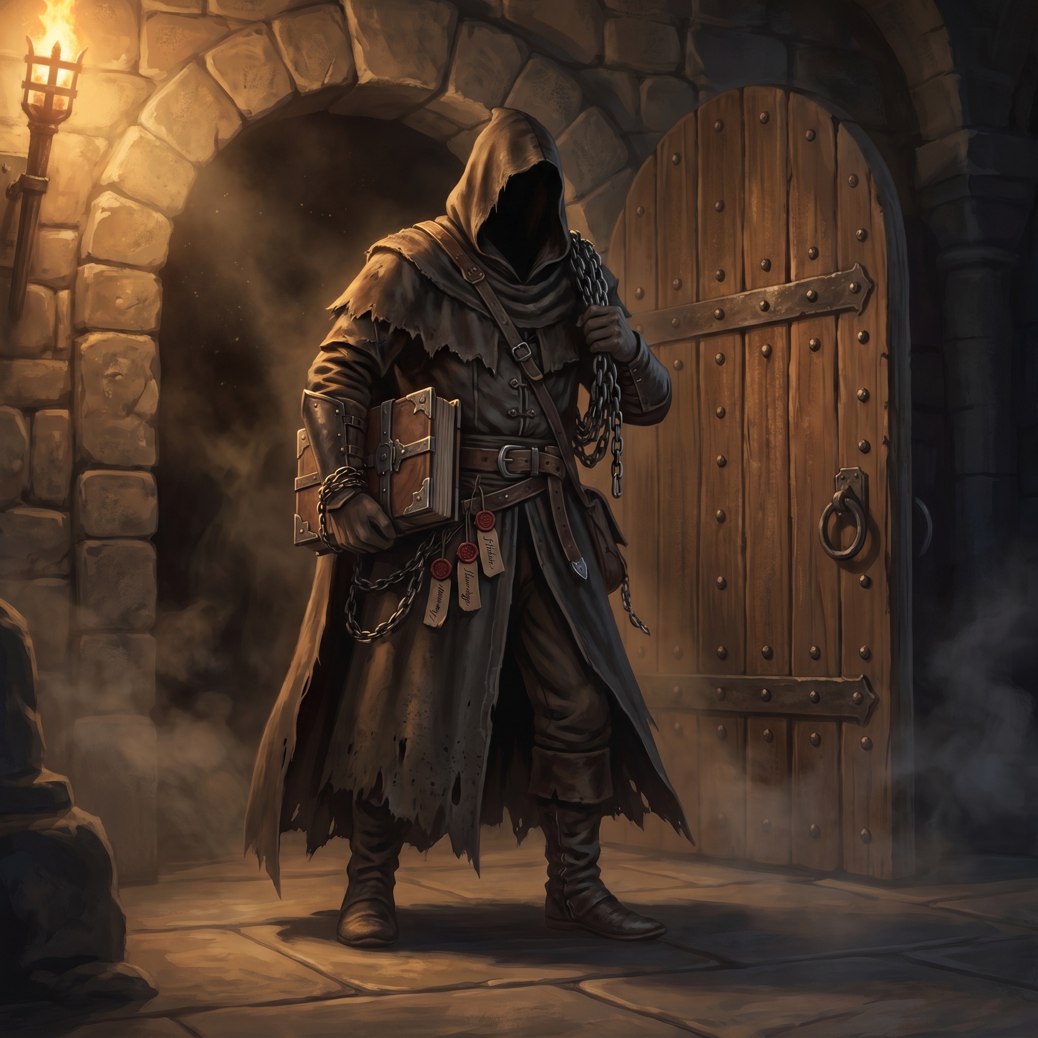 A hooded collector carrying chains, ledgers, and sealed name-tags at a debtor's door.