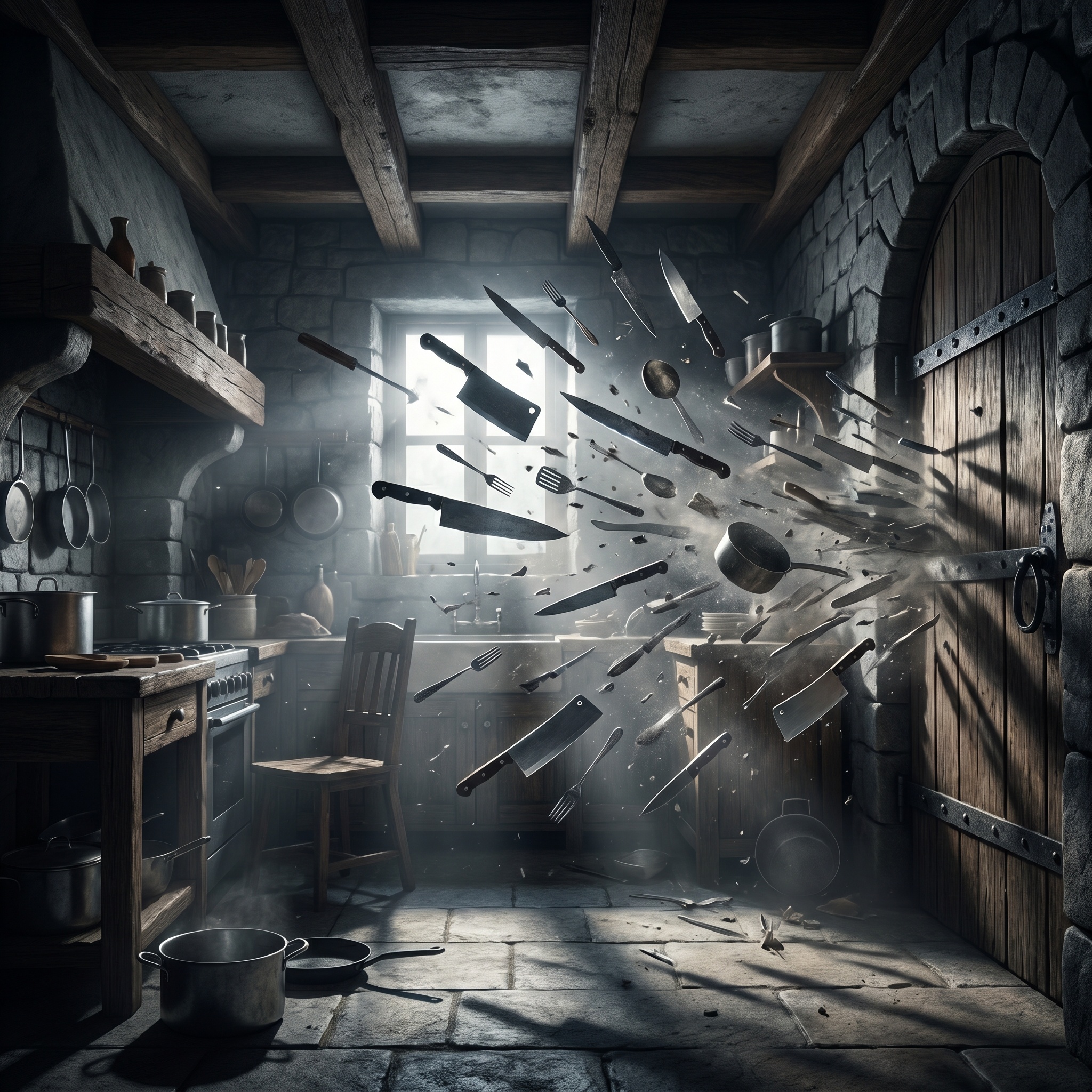 A kitchen with no visible occupant and every sharp object in it moving toward the door at once.